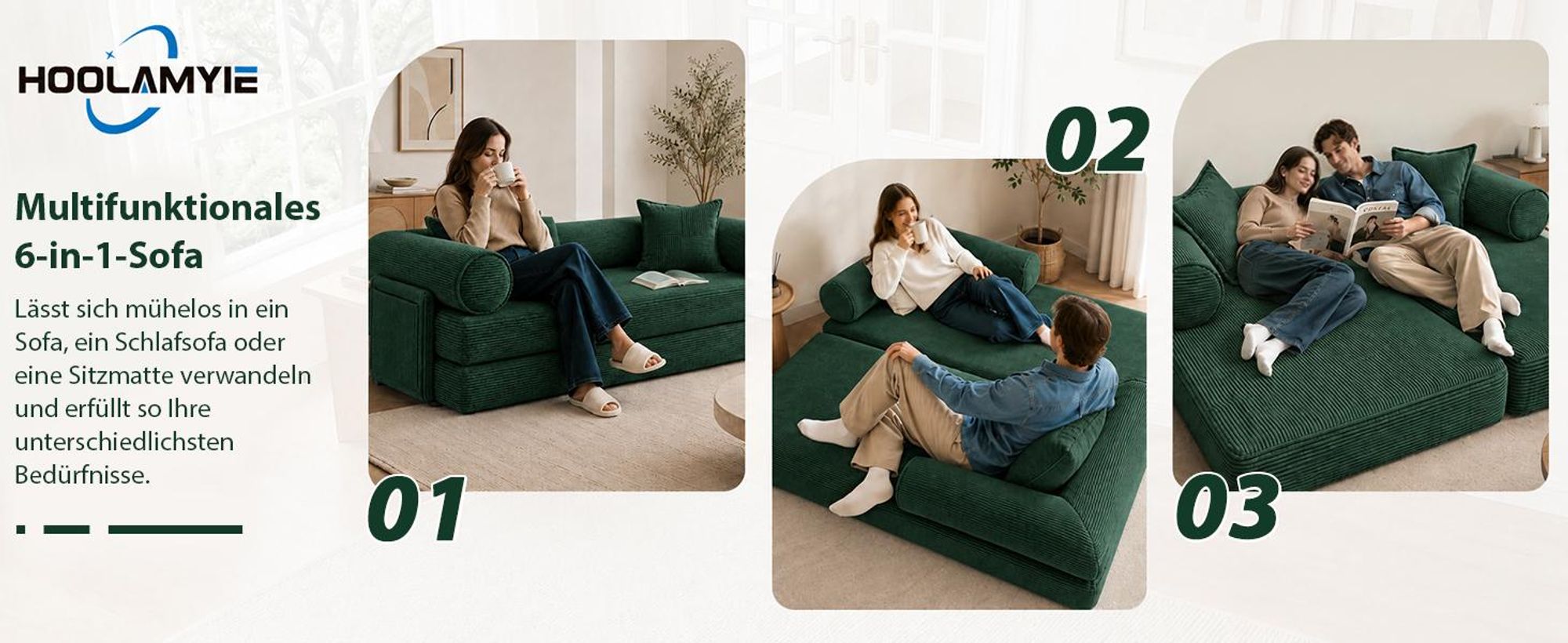 HOOLAMYIE 6-in-1 Modulares Schlafsofa aus Cord, Klappbares Polstersofa mit Seitentasche, montagefrei, Bodensofa 2-Sitzer, Grün