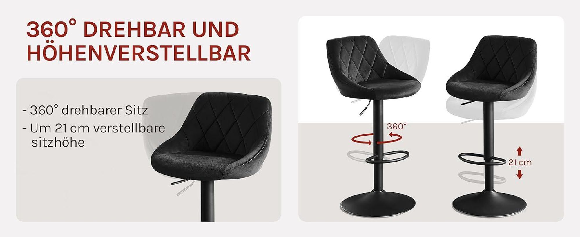 WOLTU Barhocker 4er Set, Barstuhl, Gute gepolsterte Sitzfläche aus Samt, Höhenverstellbar, 360° Drehbar, Schwarz