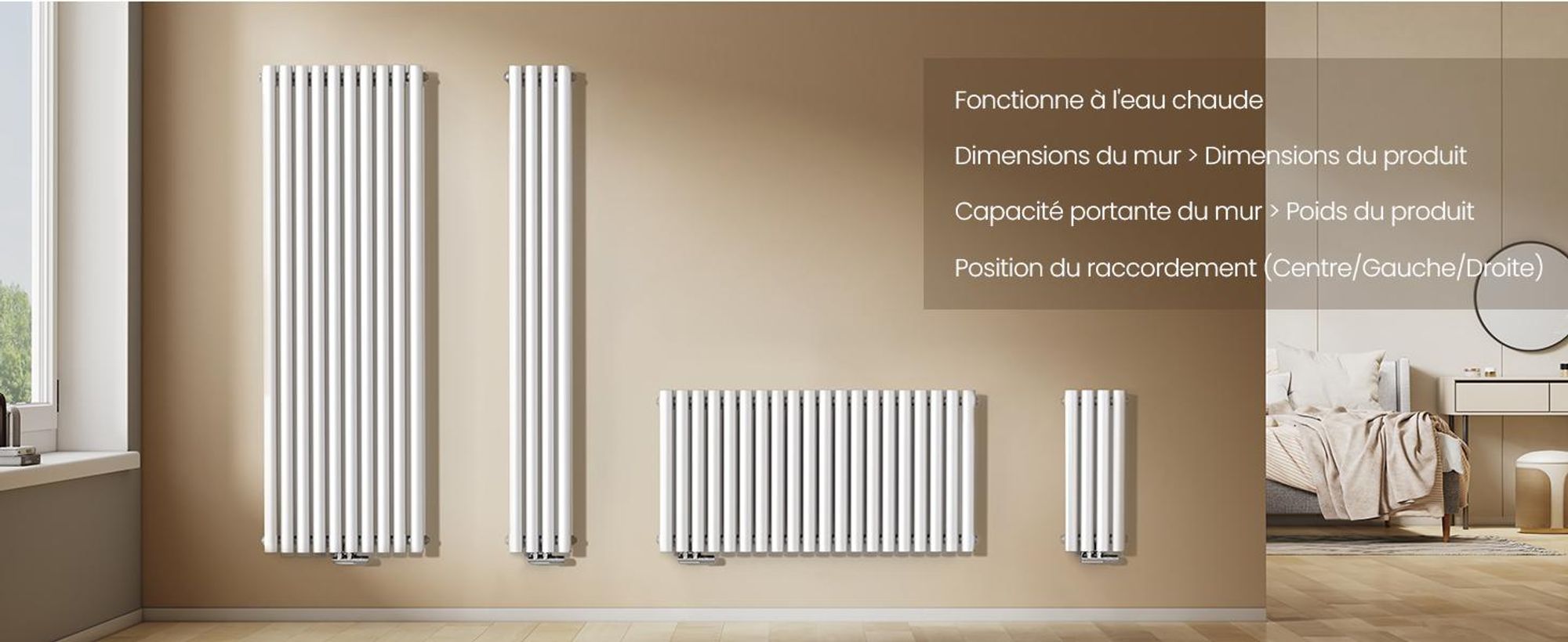 EMKE Radiateur tubulaire design pour eau chaude Raccord central Vertical Ovale double couche 623 Watt 24cm x 160cm Blanc sans thermoplongeur