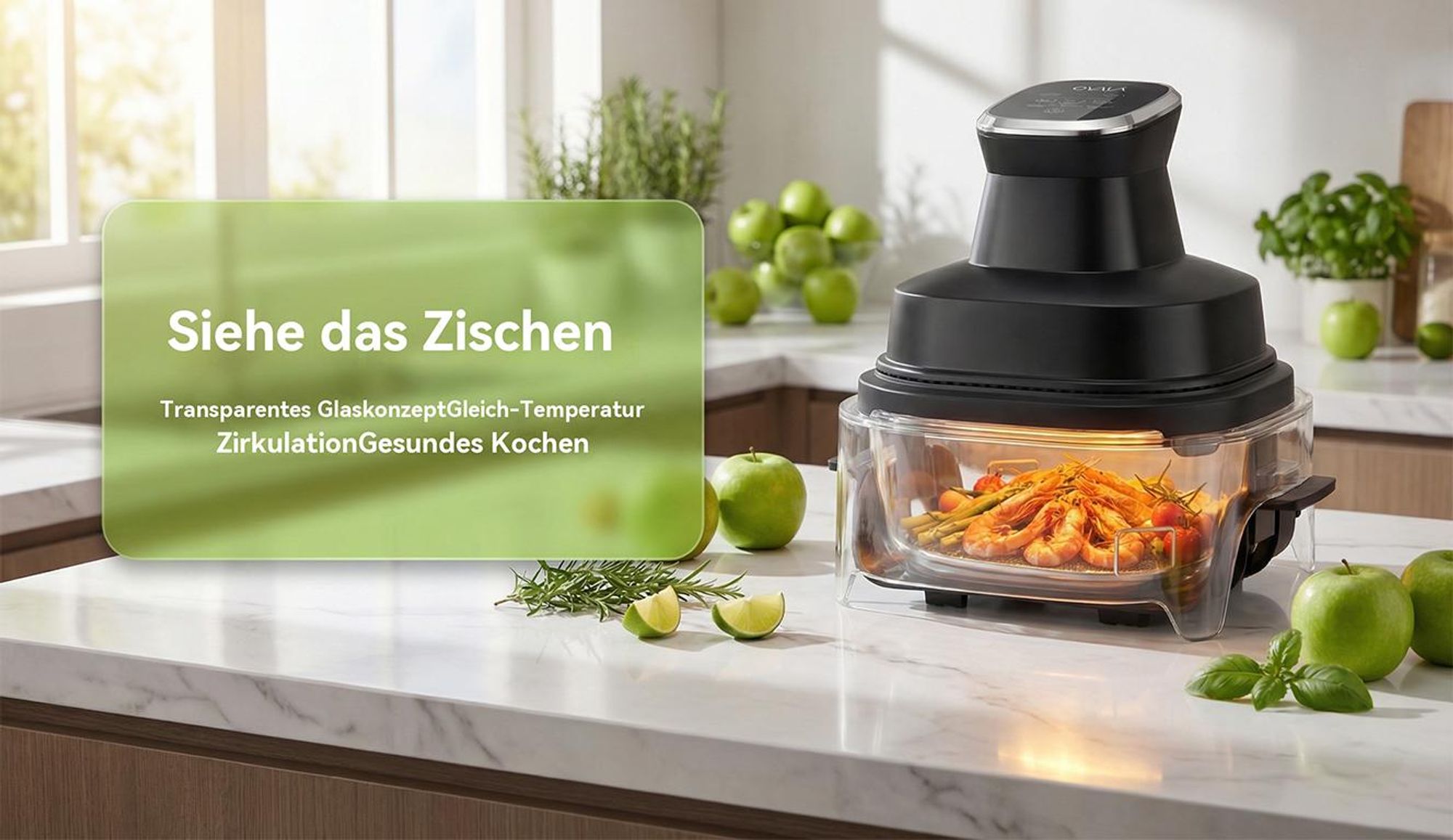 Tragbare Air Fryer Heißluftfritteuse, 4 l+4 l, 4-in-1: Heißluftfrittieren, Braten, Warmhalten, Recrisp, 2 Herausnehmbare Glasbehälter & Deckel, 1800W