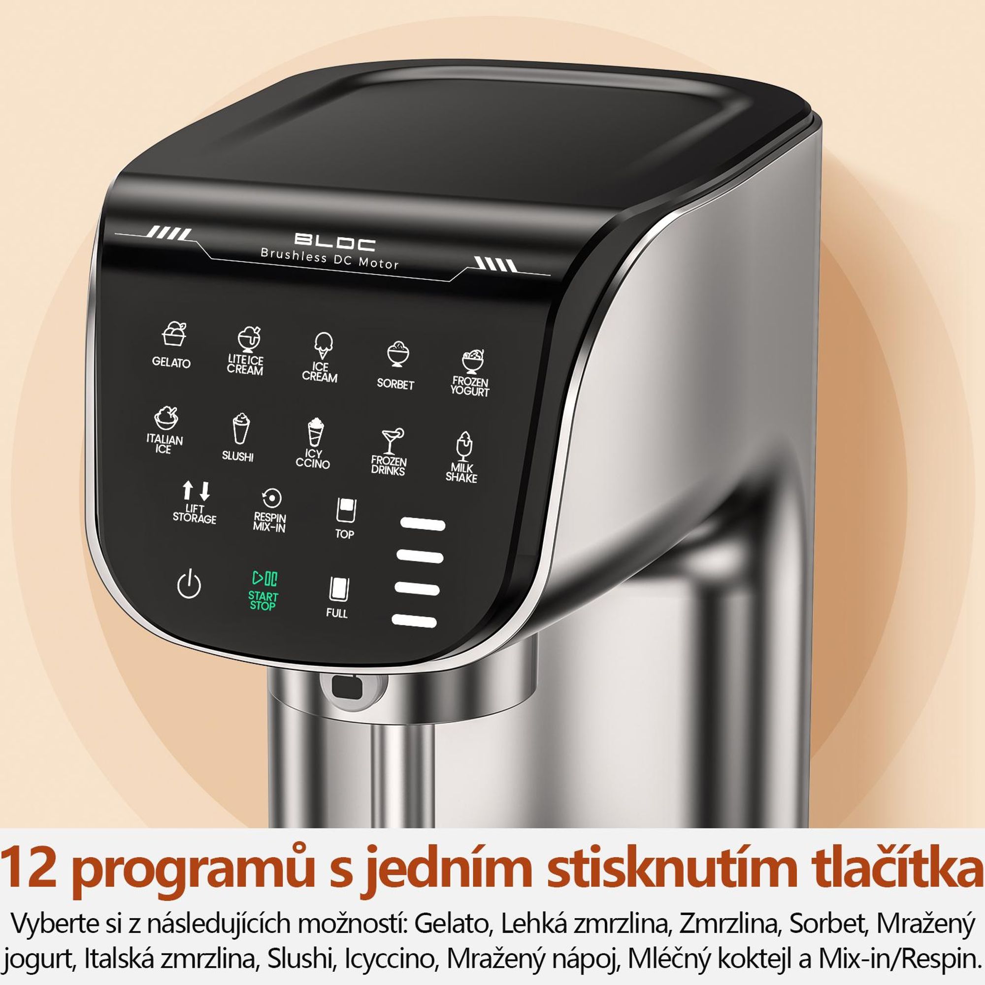 Výrobník zmrzliny IcyTreat IC-1010 EU – CE – Plně automatický, kryt z nerezové oceli – Vybavený 3 nádobami a 12 programy – Stříbrný
