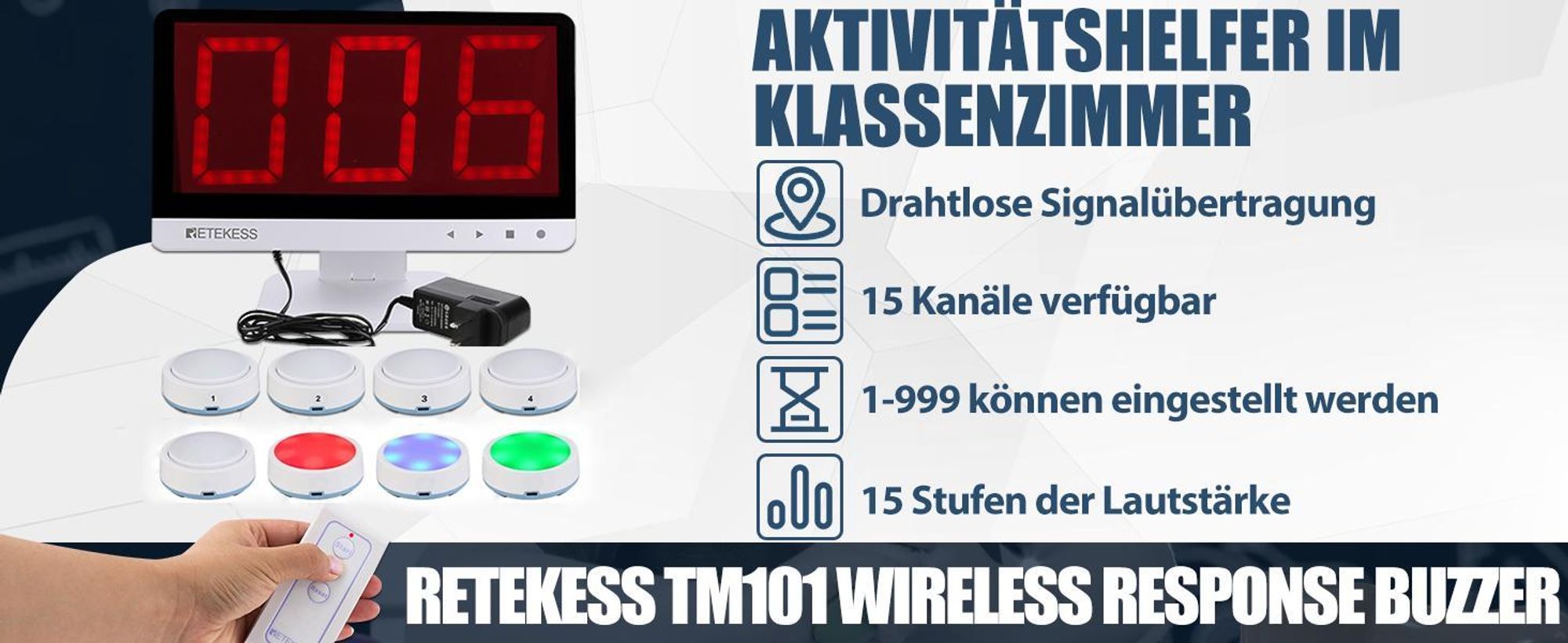 Retekess TM101 Wireless Response Buzzer System, Game Show Buzzers, Summer für Familienfeiern, bis zu 32 Tasten Hinzufügen, für Wettbewerbe