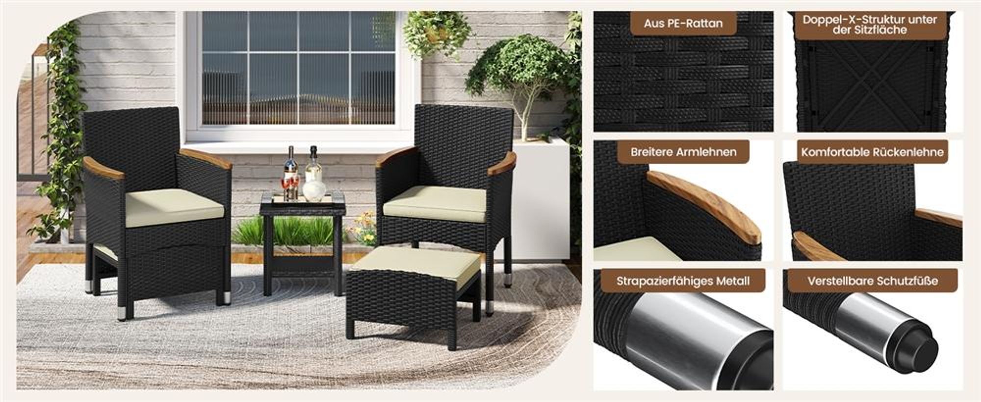 Yaheetech 5er Gartenmöbel Set, aus Rattan, inkl. 2 Einzelsofas & 2 Fußhocker & 1 Kaffeetisch, Balkonmöbel Terassenmöbel, Schwarz & Beige
