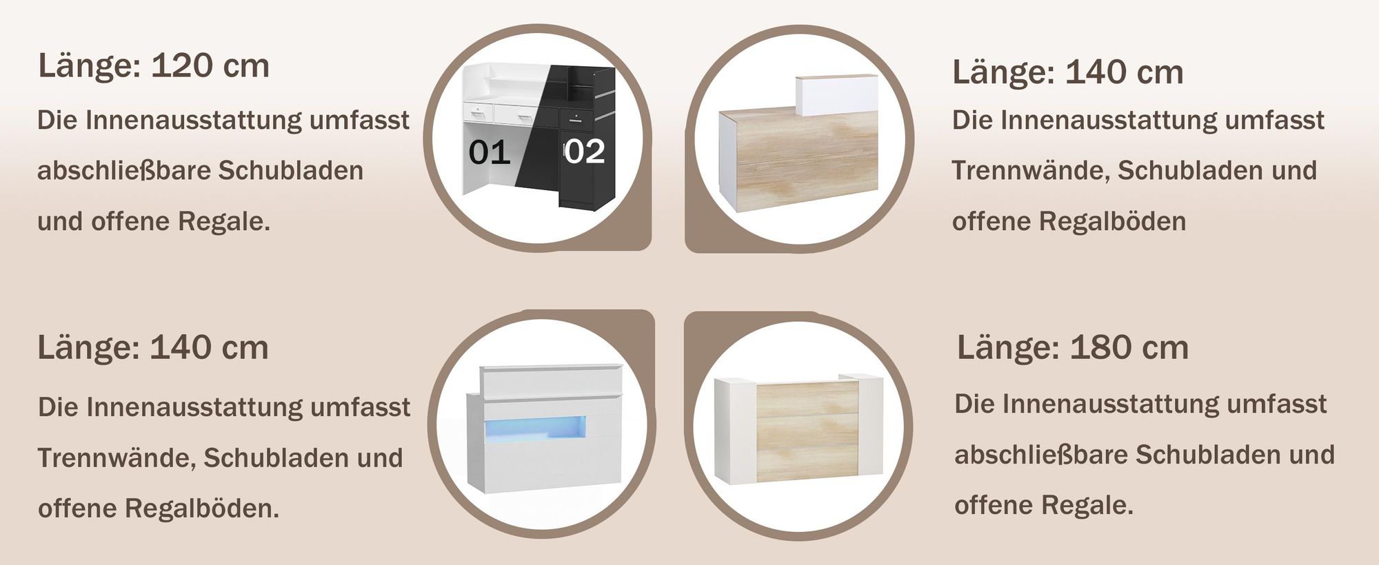 Empfangstheke mit LED-Beleuchtung, Rezeptionstresen mit Tastaturschublade, Große Empfangstheken, Weiß, MDF, 120 x 100 x 50 cm