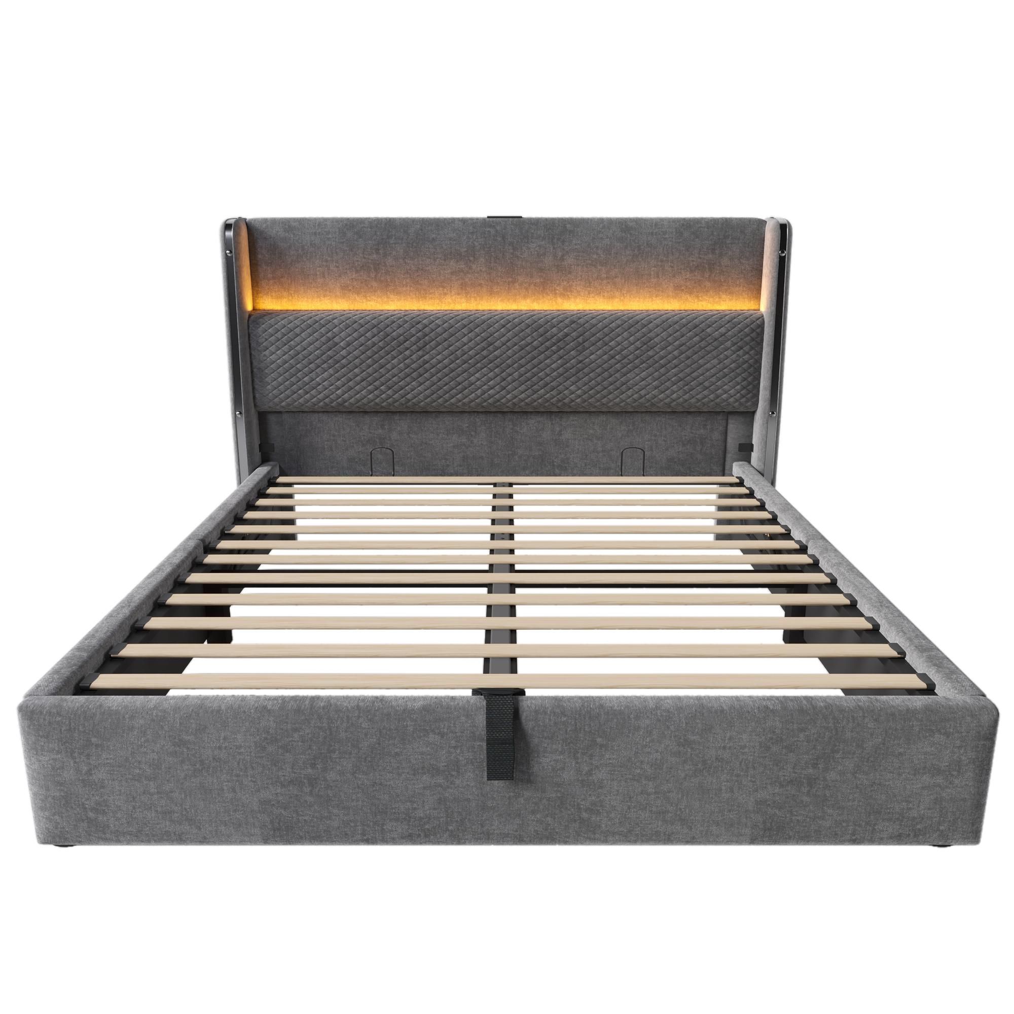 Flieks Hydraulisches Polsterbett 160x200cm mit USB/Type-C-Anschlüssen, Stauraumbett Doppelbett Jugendbett mit Led, Leinen, Grau