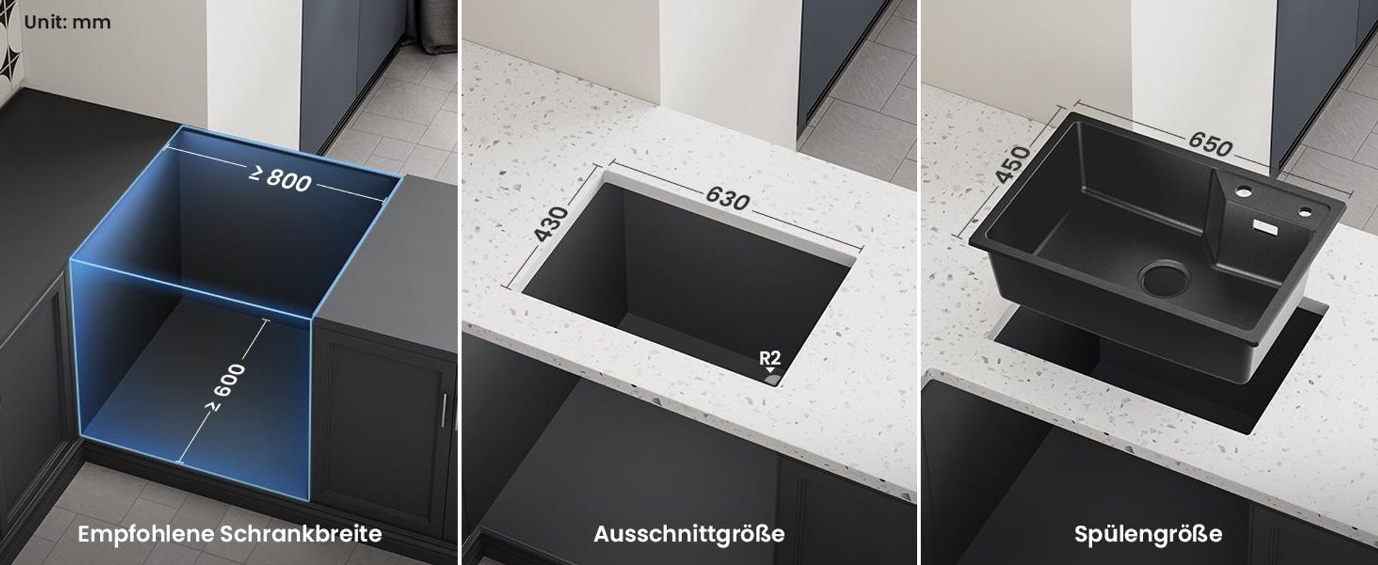 CECIPA Granitspüle & Küchenspüle 65 x 45 cm mit Abtropfkorb Quarzkomposit Einbauspüle Schwarz Hitzebeständig Kratzfest mit Siphon & Zubehör