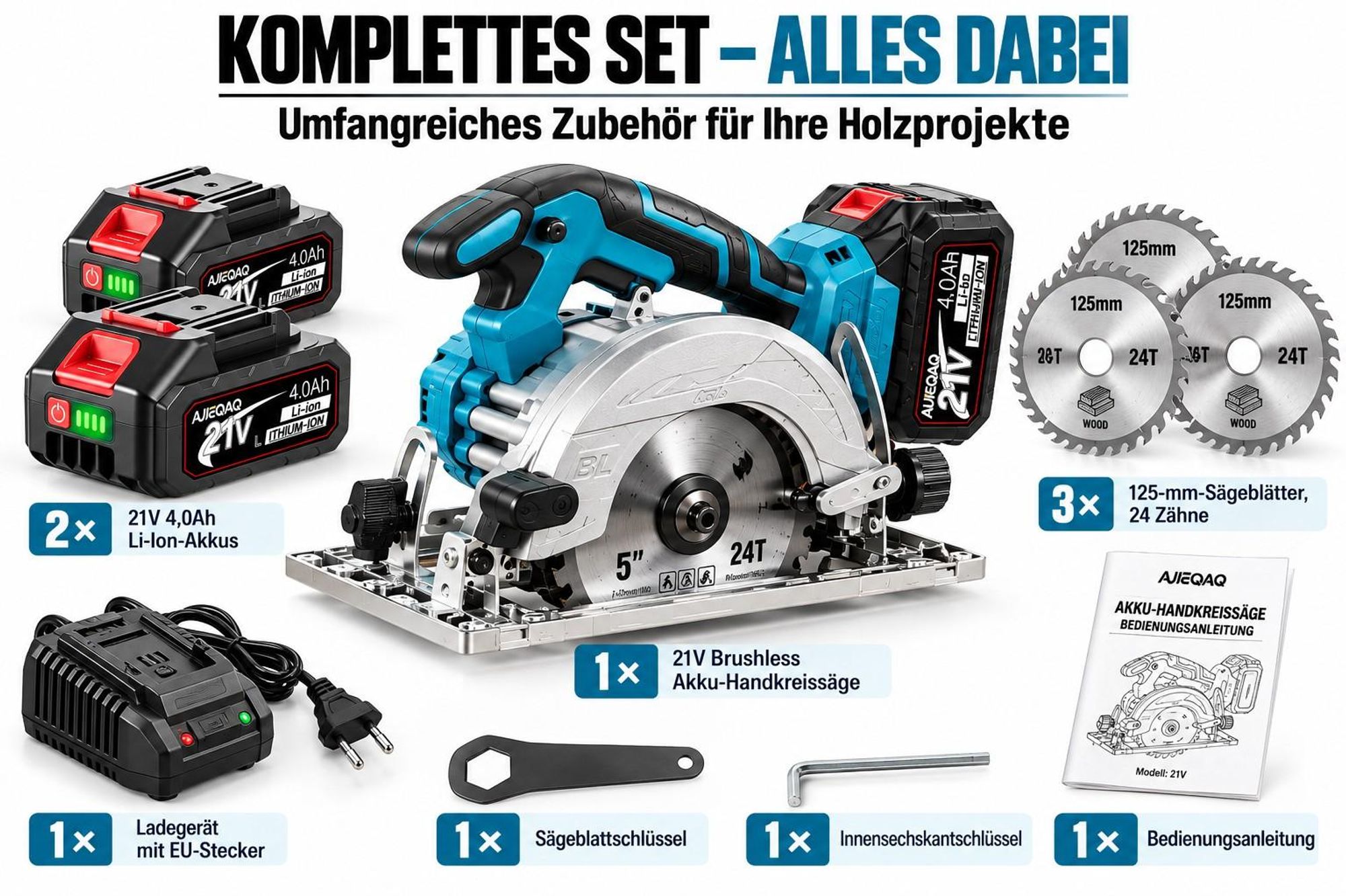 Akku-Handkreissäge 21V 2000W Brushless, 125mm Mini Kreissäge mit 2×4,0Ah Akkus, 10800 U/min, 45mm Schnitttiefe, 0–45° einstellbar, 3 Sägeblätter