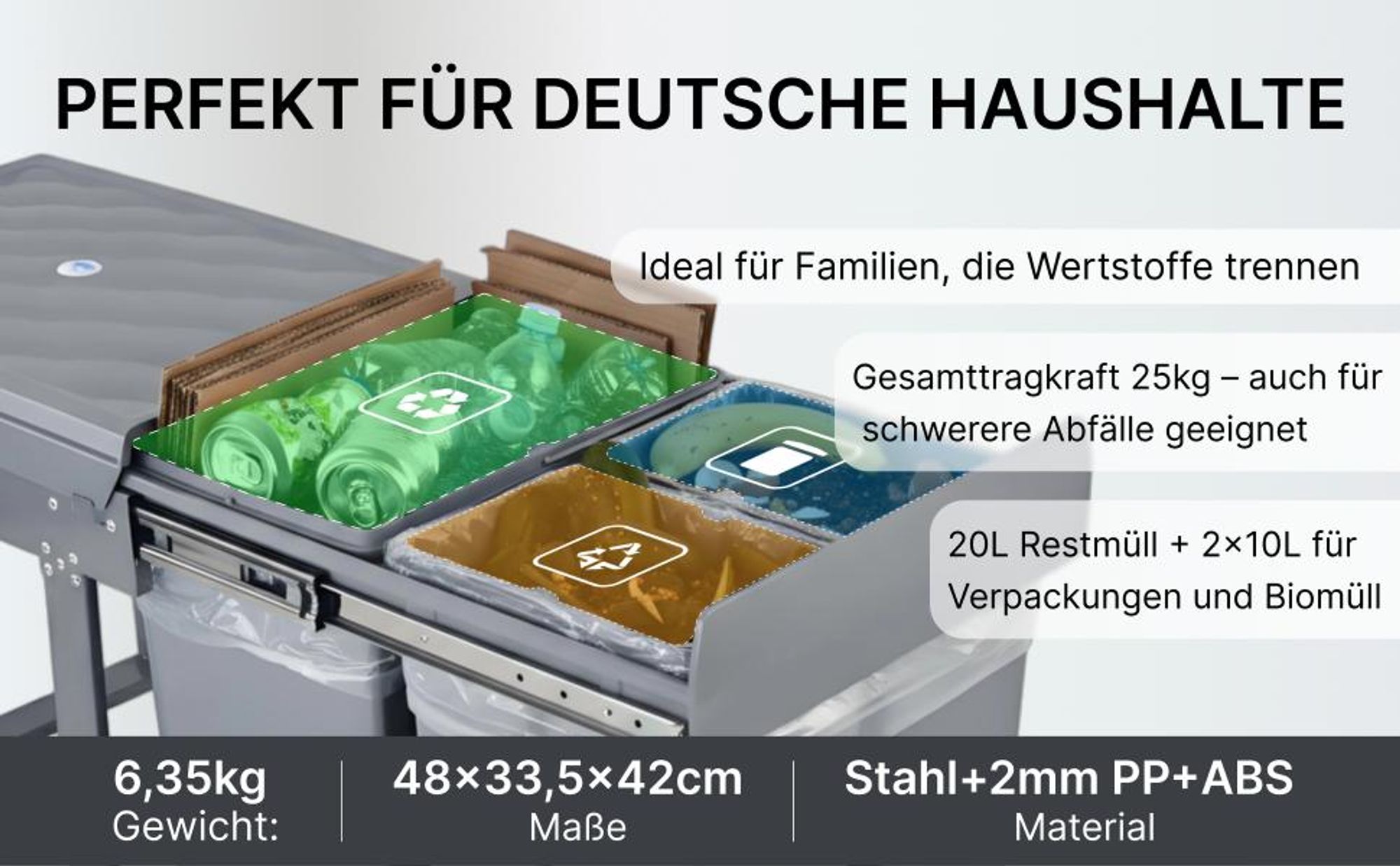 MinteLiv Einbaumülleimer 20L+2x10L Mülltrennsystem Ausziehbar, Stahlrahmen, 48x33,5x42cm