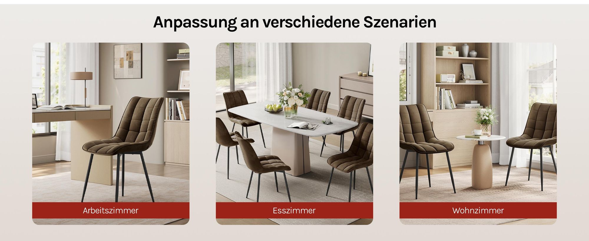WOLTU Esszimmerstühle 2er-Set, Polsterstuhl mit Rückenlehne, bis 150 kg belastbar, Sitzfläche aus Samt, Metallbeine, Braun