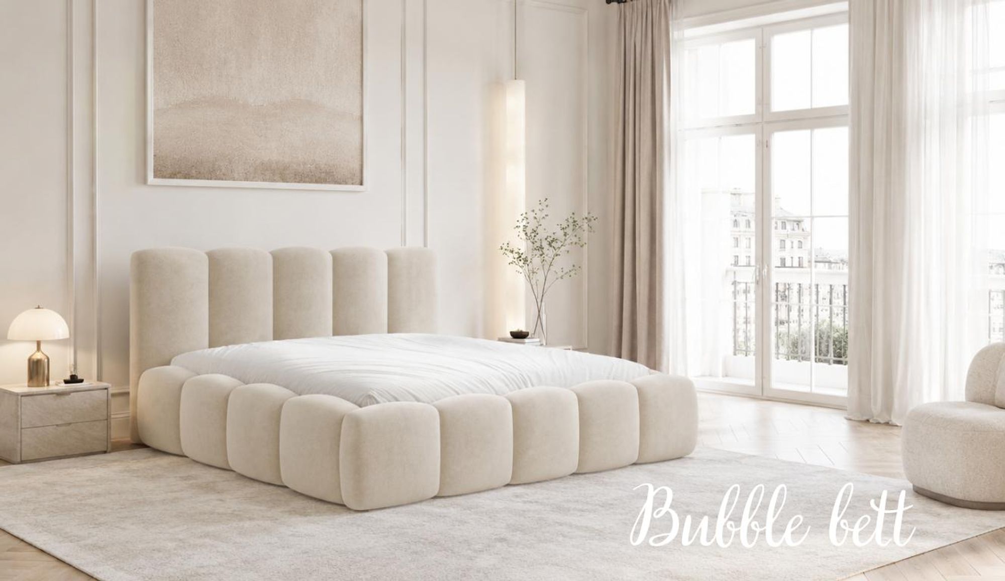 MOEBLO Polsterbett Bubble Bett 18 – Doppelbett Wolkenbett mit Riviera Samt-Velours, gepolstertem Kopfteil, Bettkasten, Gasfedermechanismus und Lattenrost - 180x200 cm - Graubeige (Riviera 24)