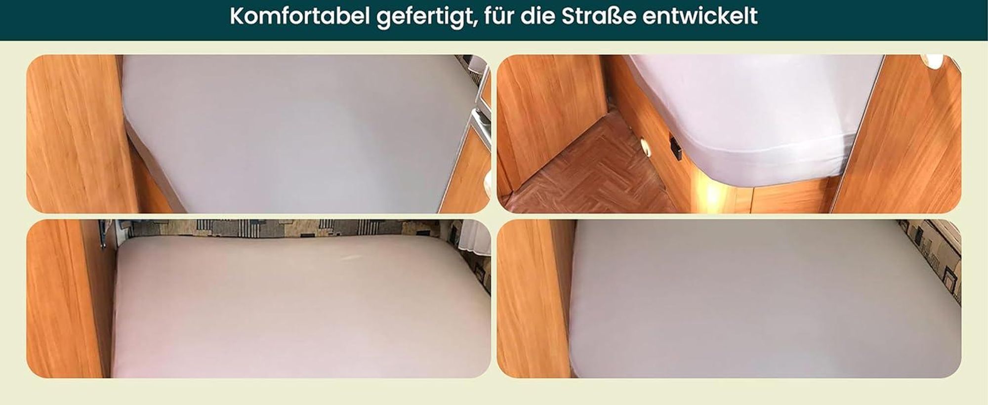 Praktische Fotos, die das Spannbettlaken auf einer Queen-Size-Wohnmobilmatratze zeigen.
