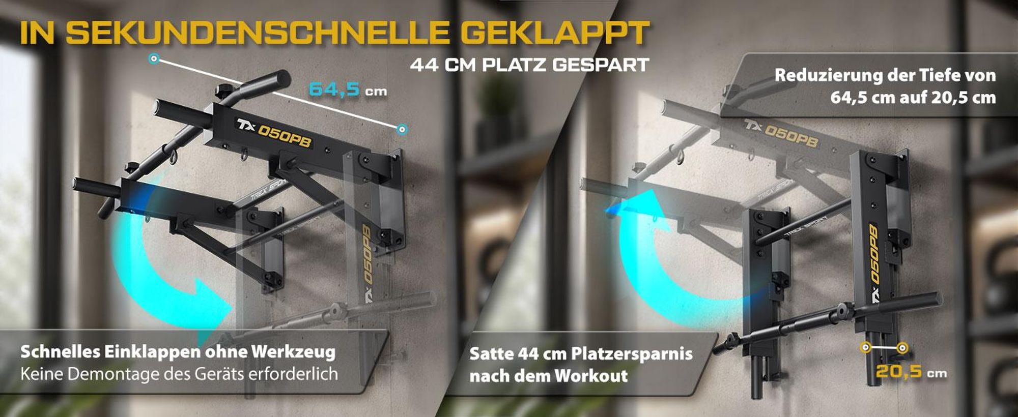 TREX SPORT Klimmzugstange zur Wandmontage klappbar TX-050PB | 6 rutschfeste Griffe, für Boxsack & Expander | Pull Up Bar für zuhause