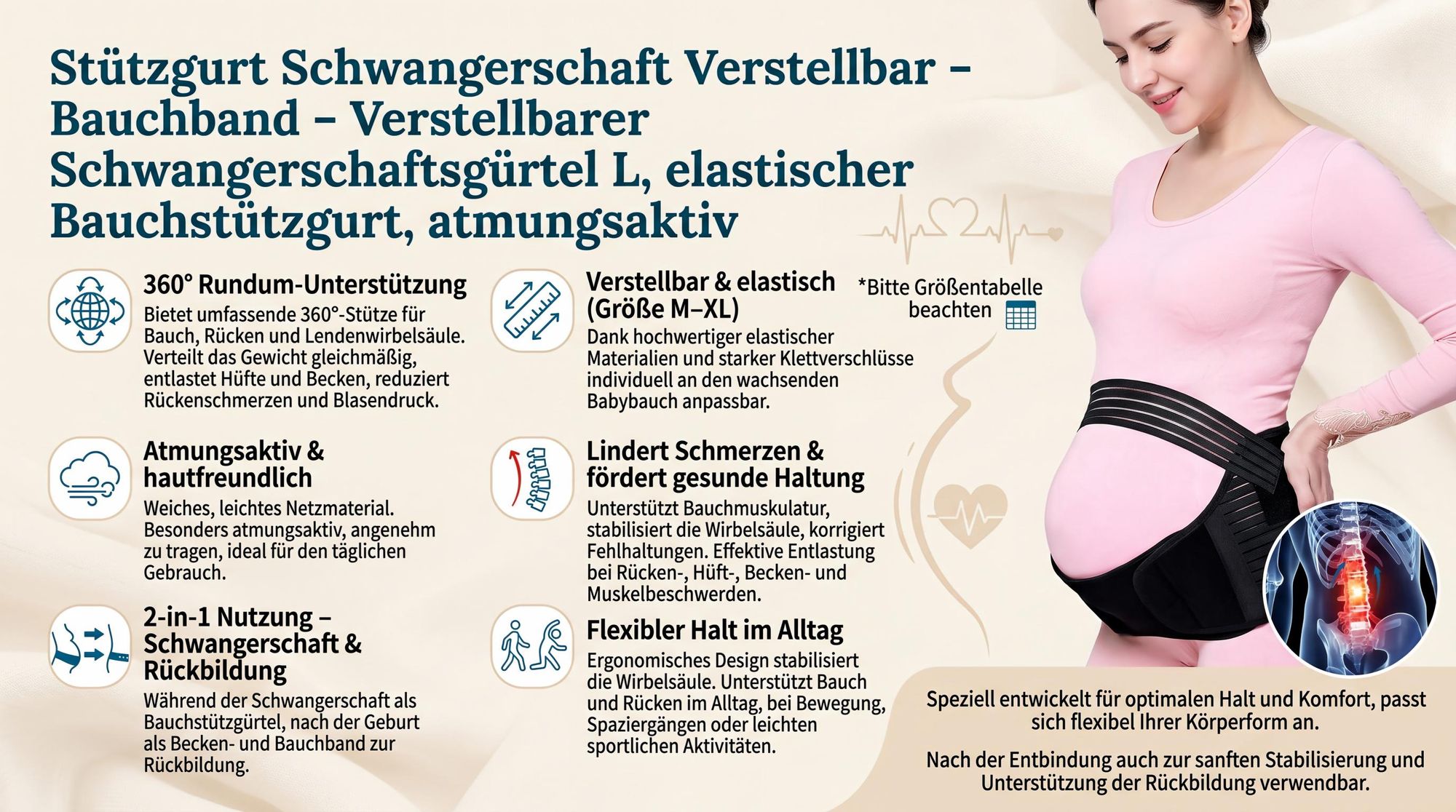 Stützgurt Schwangerschaft Verstellbar Bauchband Verstellbarer Schwangerschaftsgürtel L，elastischer Bauchstützgurt, atmungsaktiv