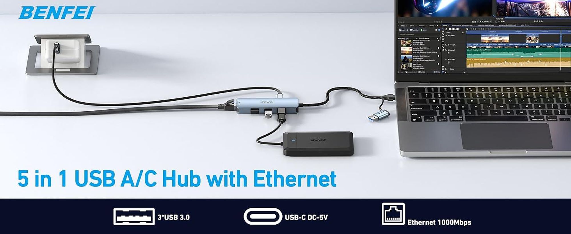 BENFEI Hubs USB C auf Gigabit Ethernet Adapter mit 3 Port USB Hub