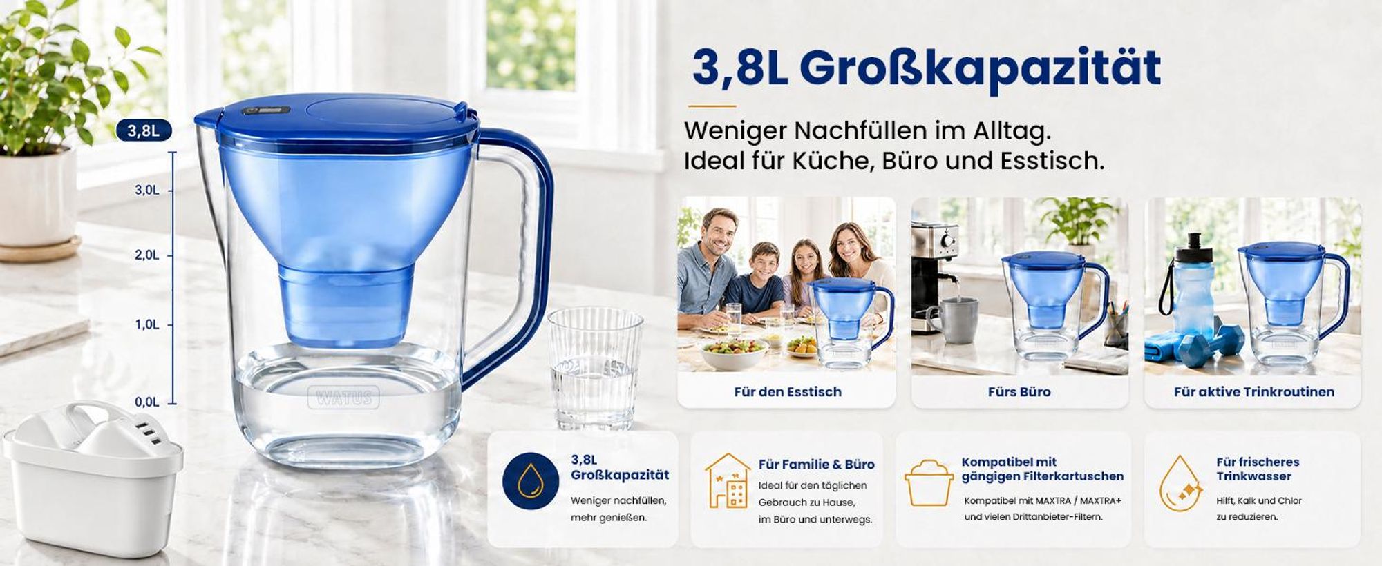 WATUS Kannen 3.8L für Brita Wasserfilter , Kompatibel mit alle BRITA ,Maxtra+ Plus, Maxtra Pro, All-in-1 Wasserfilter, Enthält Eine Watus Kartuschen