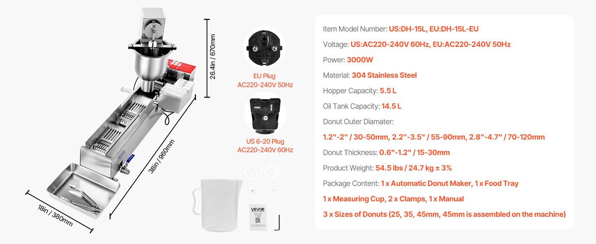 VEVOR kommerzielle automatische Donut Maschine Maker, einreihige Herstellungsausrüstung aus Edelstahl (90 Stk./h) elektrische Donut-Fritteuse mit 3 Formengrößen für Bäckereien Restaurants Café