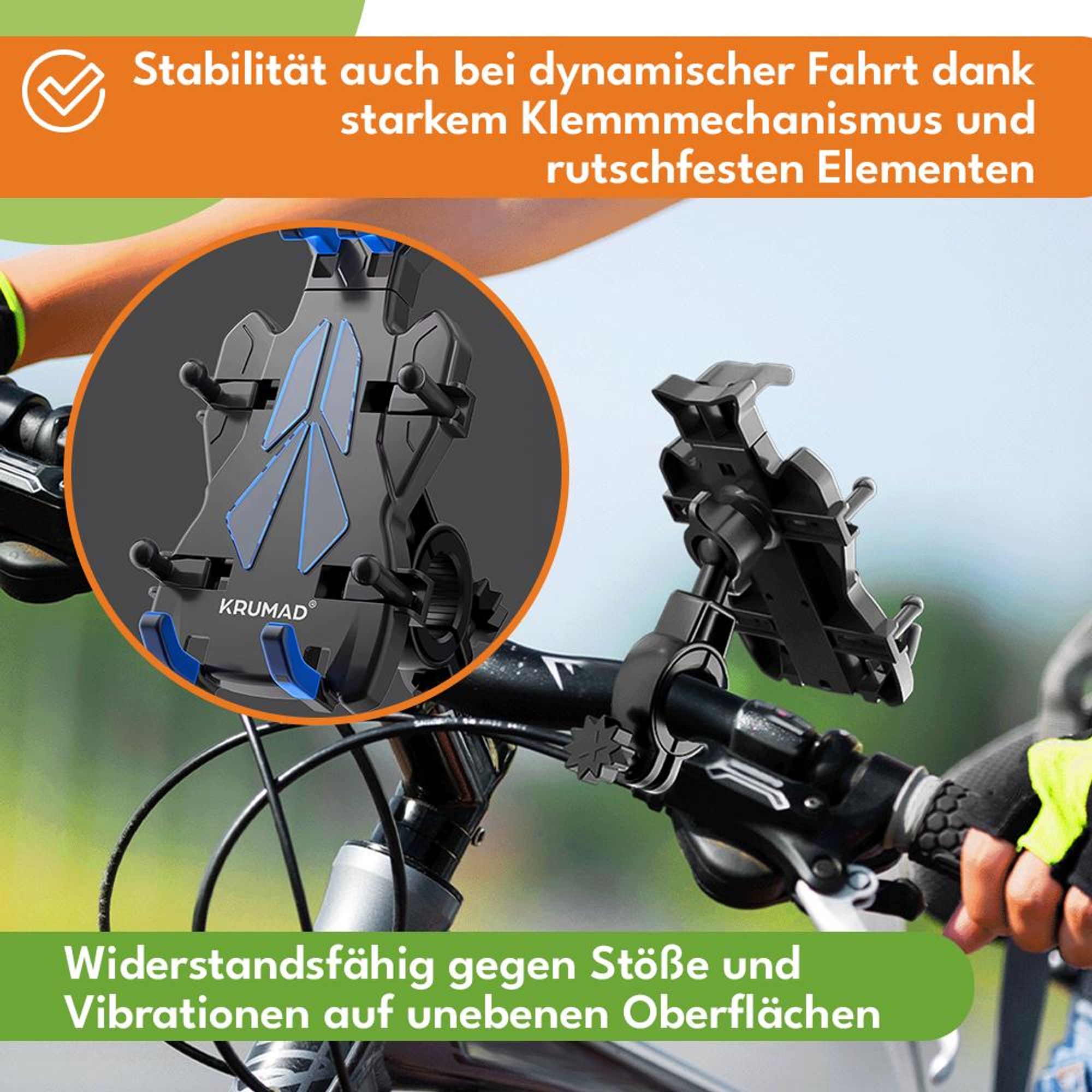 KRUMAD Universal Handyhalterung Fahrrad & Motorrad – Stabile Smartphone Halterung für Lenker, 360° Drehbar, Ohne Werkzeug