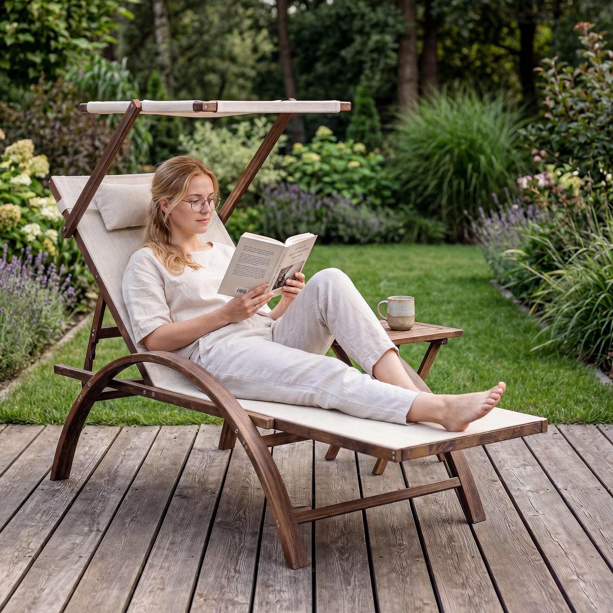 di volio Sonnenliege SPELIO – ergonomische Liege aus Lärchenholz mit Sonnendach und Kissen, wetterfester Liegestuhl für Garten (Beige)