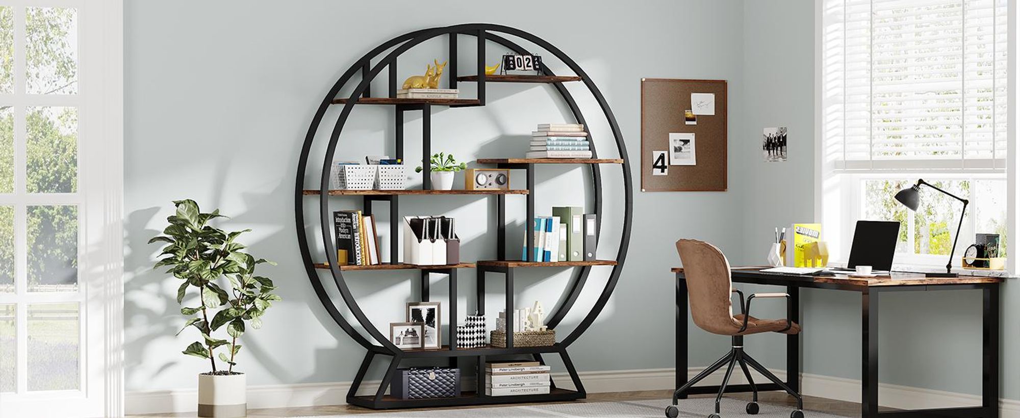Tribesigns Bücherregal, rundes Bücherregal, Etagere-Bücherregal, 160 cm Industrieholz-Bücherregal mit versetzten Regalen, rustikales offenes Regal