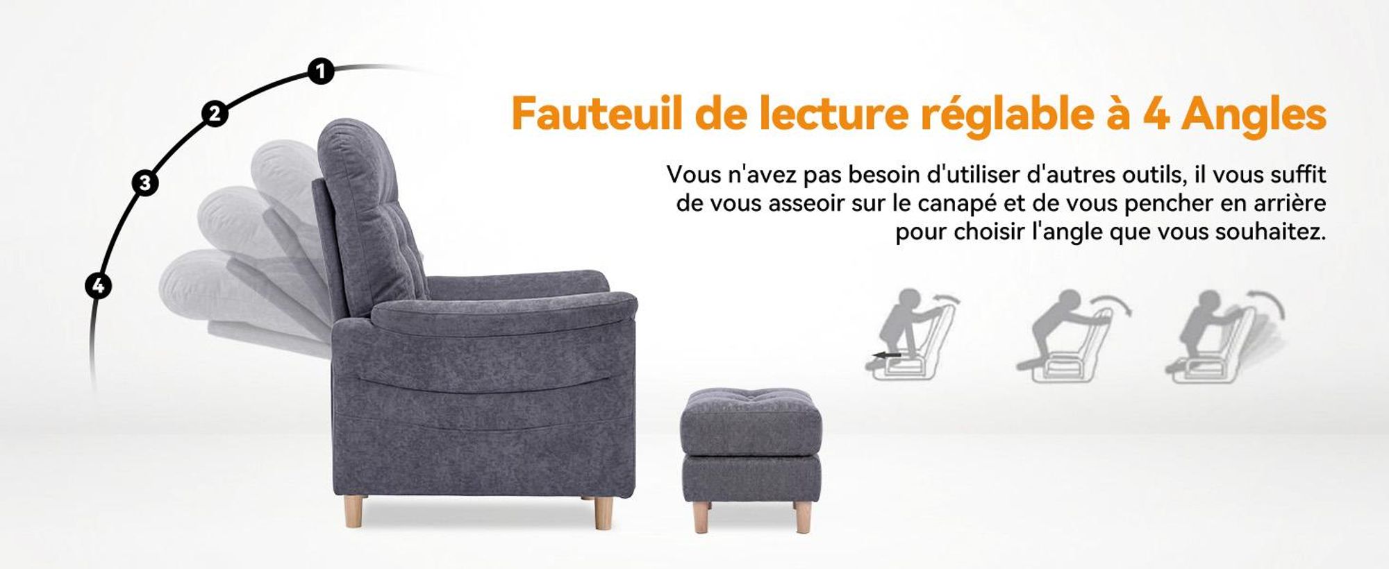COMHOMA Fauteuil de relaxation Fauteuil de télévision avec dossier réglable 4 vitesses jusqu'à 160°, coussin à ressorts avec pouf Fauteuil de salon gris