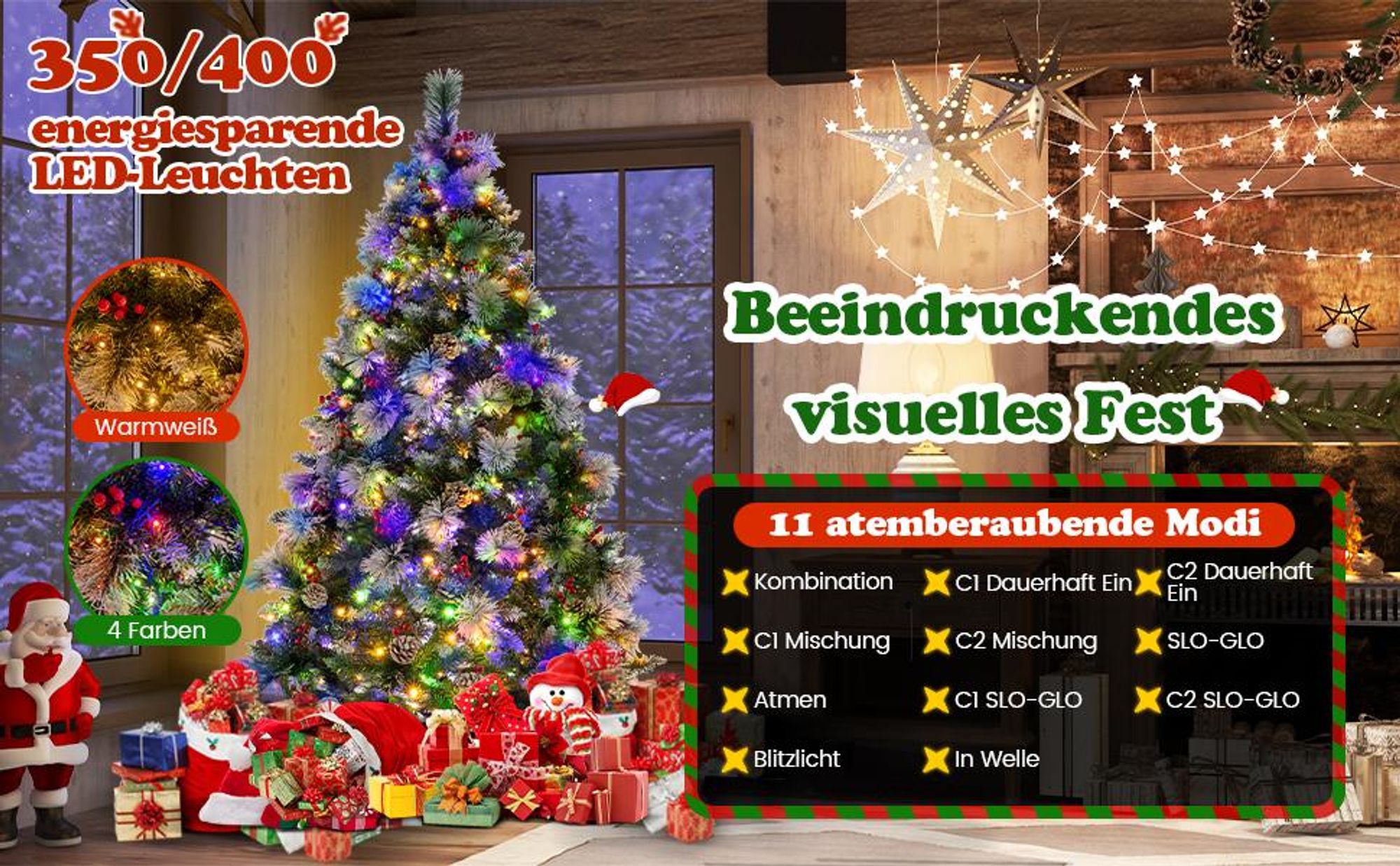 COSTWAY 180cm Künstlicher Weihnachtsbaum LED, beleuchteter Tannenbaum mit Kiefernzapfen & roten Beeren & Metallständer, 11 Lichtmodi, Christbaum PVC Kunstbaum Weihnachten, grün