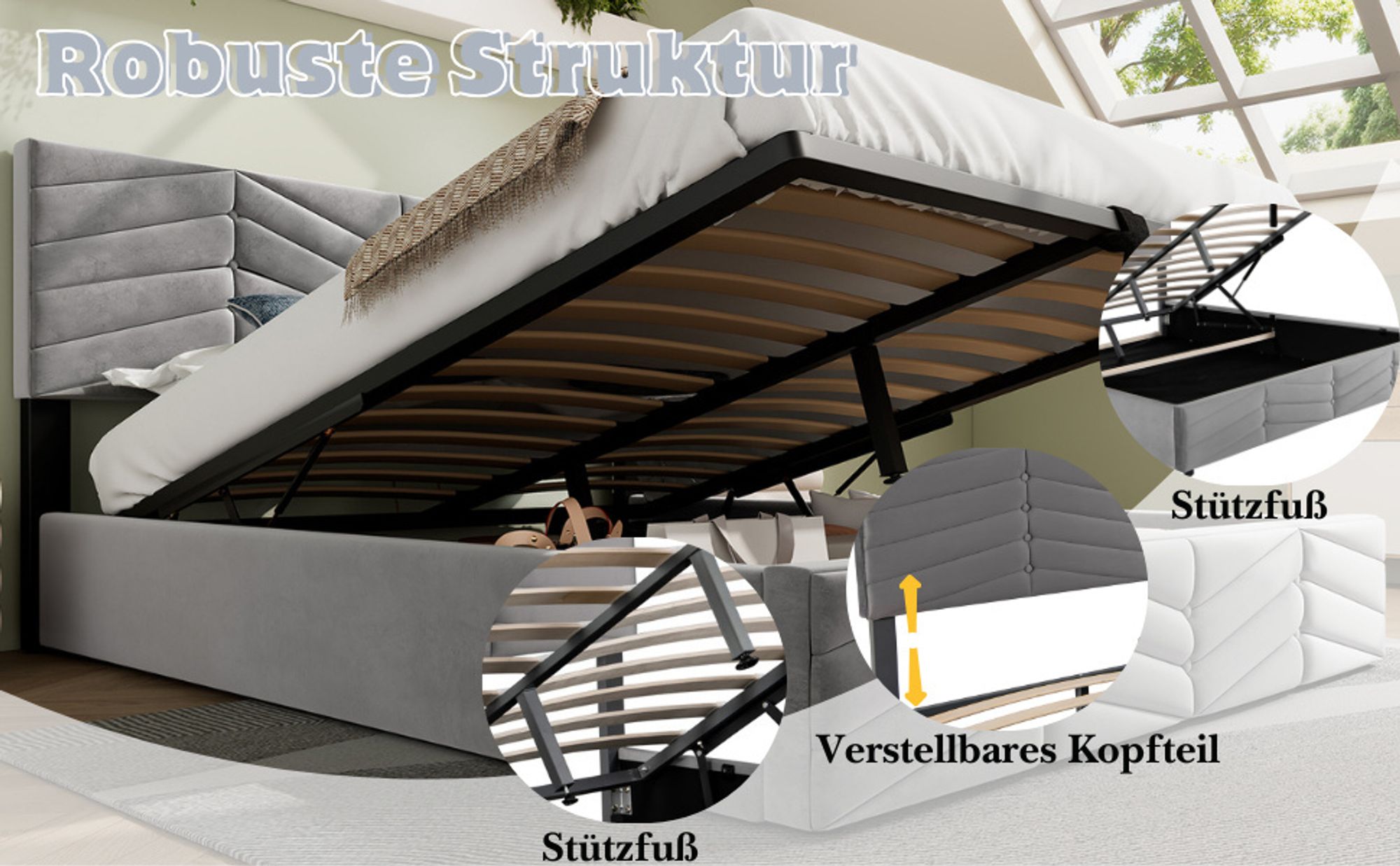 okwish Polsterbett 180×200cm Stauraumbett Doppelbett mit verstellbares Kopfteil,hydraulisches Kontinentalbett,Streifenstil,Samt,Grau,ohne Matratze