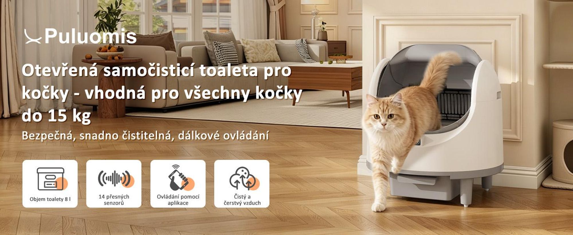 Automatická kočičí toaleta Puluomis, 80 litrů, XXL, otevřená, s ovládáním přes aplikaci, 12 senzorů, 8litrová nádoba na odpad, tichá, vhodná pro kočky do 15 kg