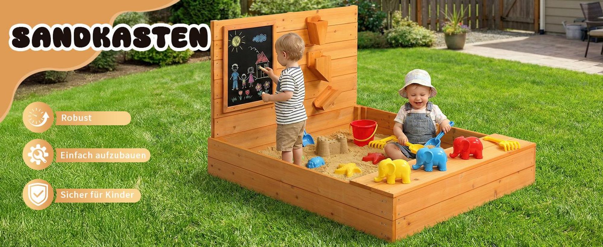FCH Sandkasten Holz Sonnendach 119x101x76cm,mit Tafel & Rutschentrichtern – Holzspielsandkasten für Kinder im Garten