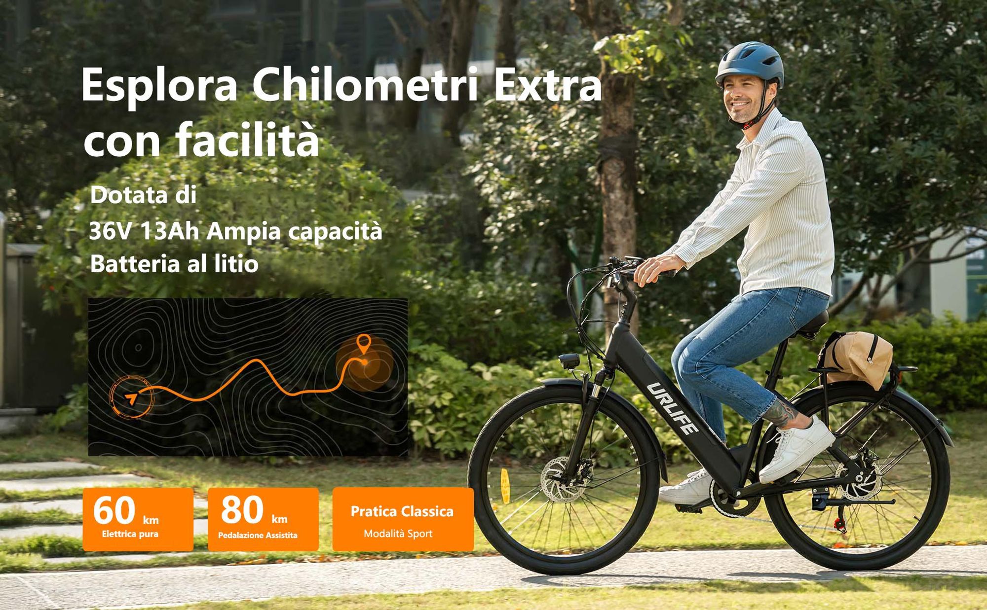 Bicicletta Elettrica URLIFE E26 - Motore 250W Batteria 36V 13Ah Pneumatici da 26 Pollici Freni a Disco - Bianco
