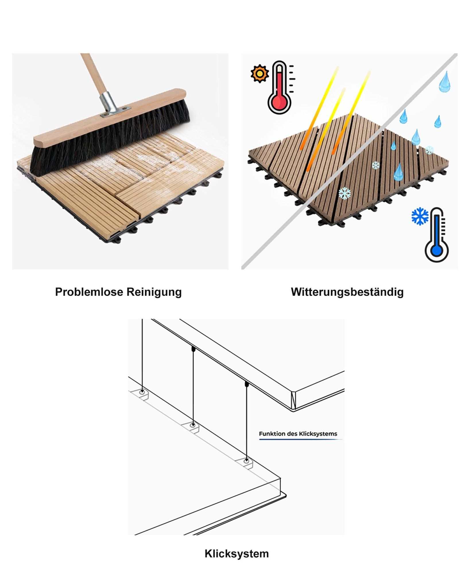 Karat Terrassenfliesen Klickfliesen 30x30 cm, wetterfeste Balkonfliesen aus Kunststoff, Klicksystem fürr Balkon – Royal Hellbraun, 1 Stk