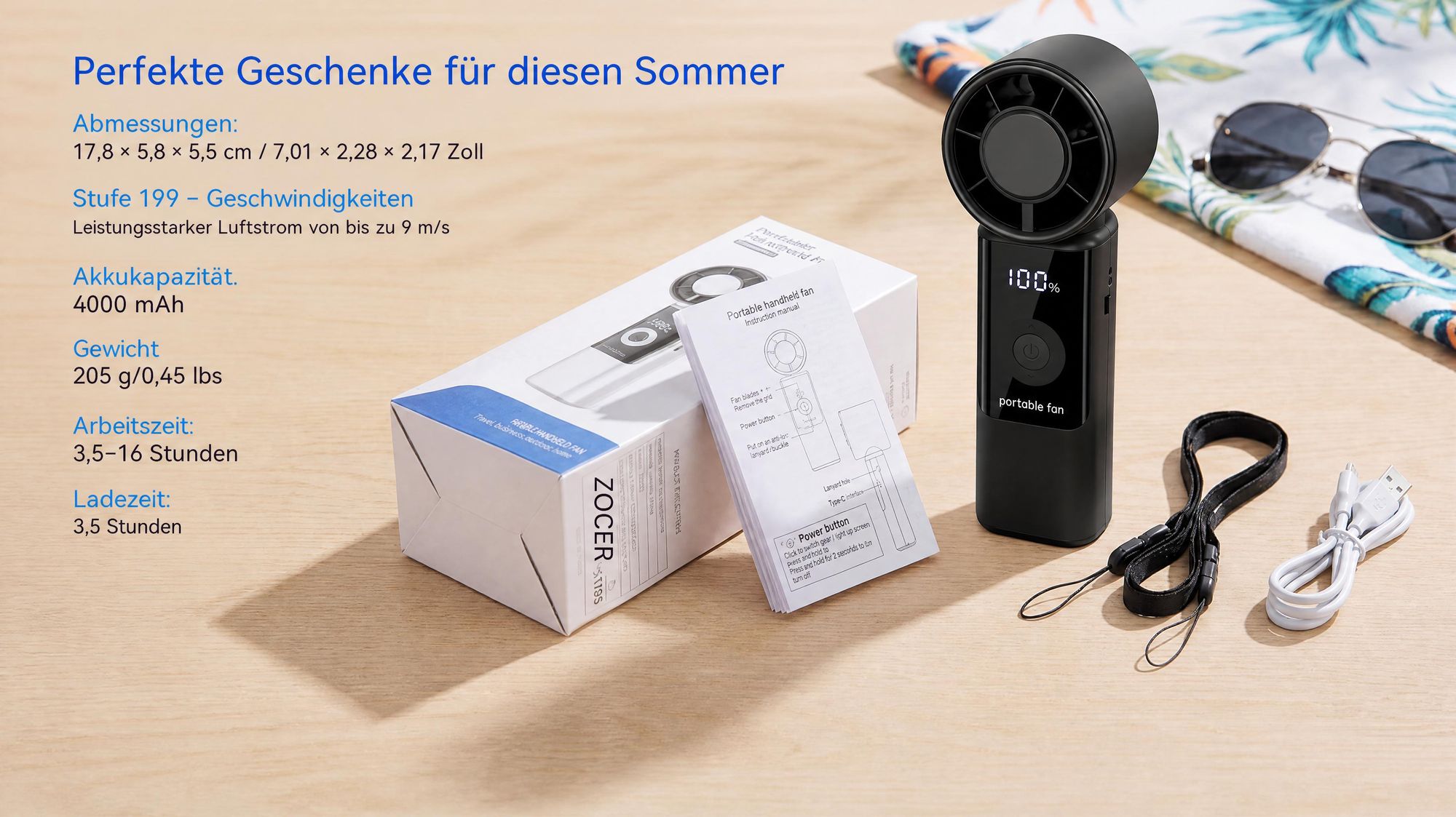 Tragbarer Handventilatoren USB, Faltbar Mini Ventilator Leise mit 4000 mAh Akku bis 16 Std. Laufzeit, LED-Display, 1-199 Geschwindigkeitsstufen