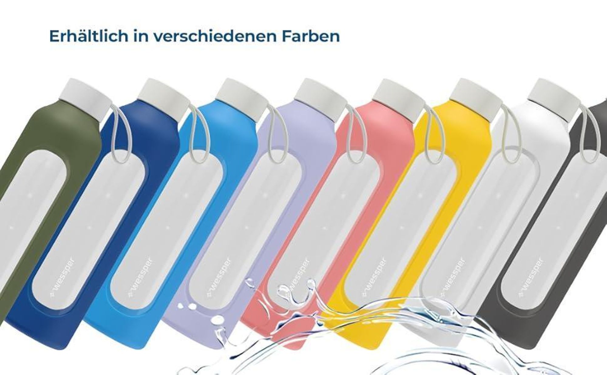 Wessper Trinkflasche aus Glas mit Silikonhülle – 1 L – mit Zeitmarkierungen – Schwarz