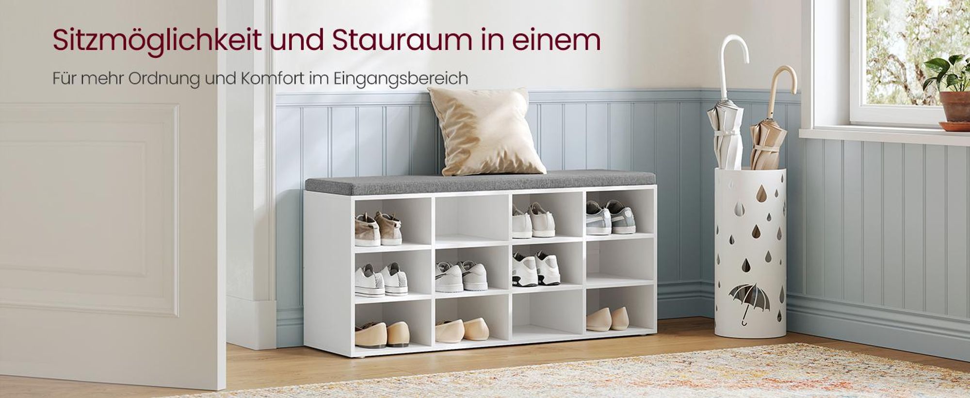 VASAGLE Schuhbank, Sitzbank, 12 Fächer, Länge 104 cm, klassikweiß