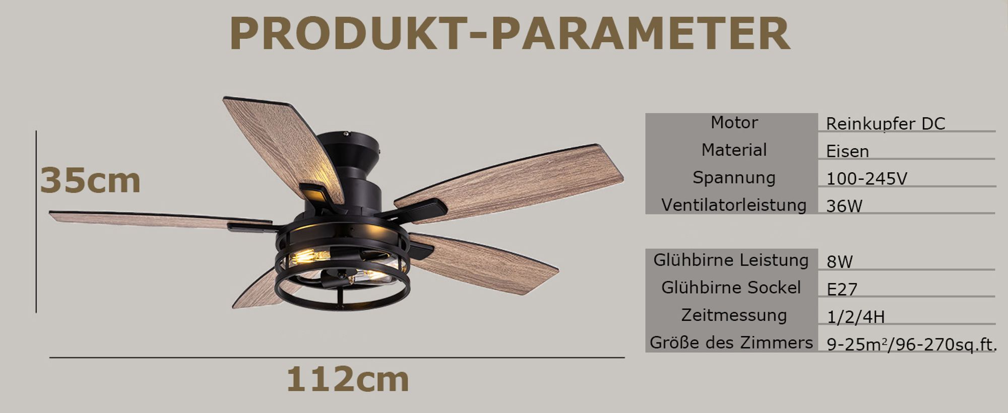112cm Deckenventilator mit Beleuchtung und Fernbedienung, DC Motor, 2x E27 Glühbirnen, 6 Windgeschwindigkeit, Timer, für Wohnzimmer Küche Esszim