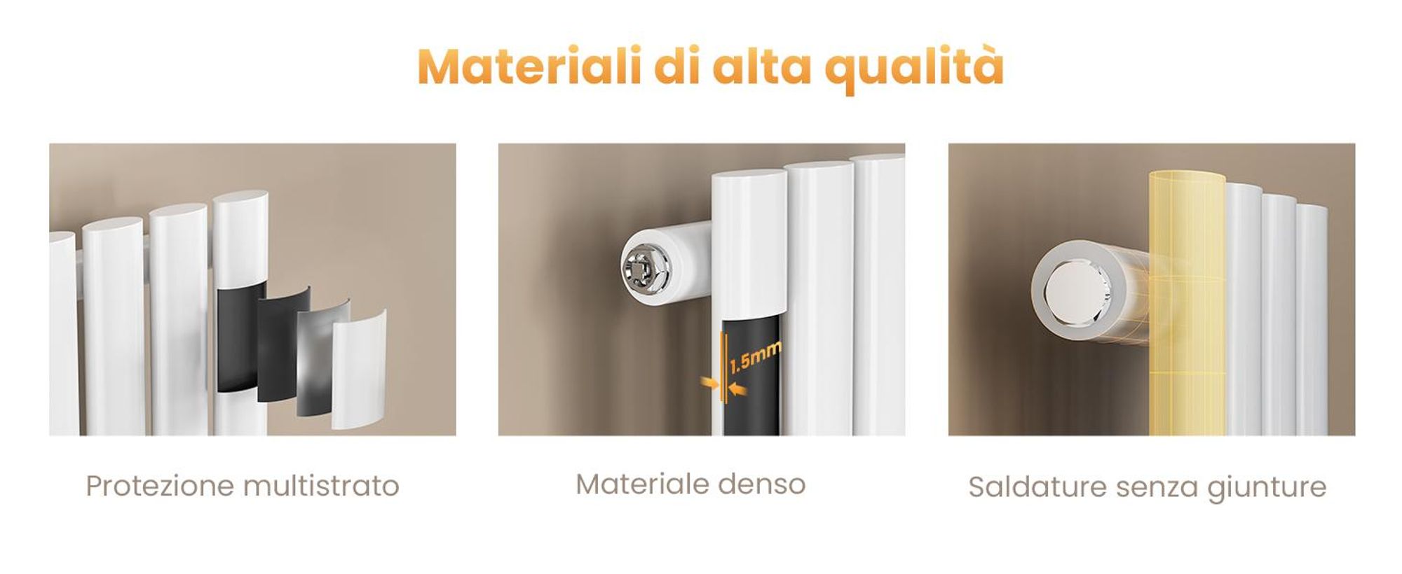 Radiatore tubolare di design EMKE per il funzionamento ad acqua calda con attacco centrale verticale ovale monostrato 177 watt 24 cm x 60 cm bianco senza elemento riscaldante