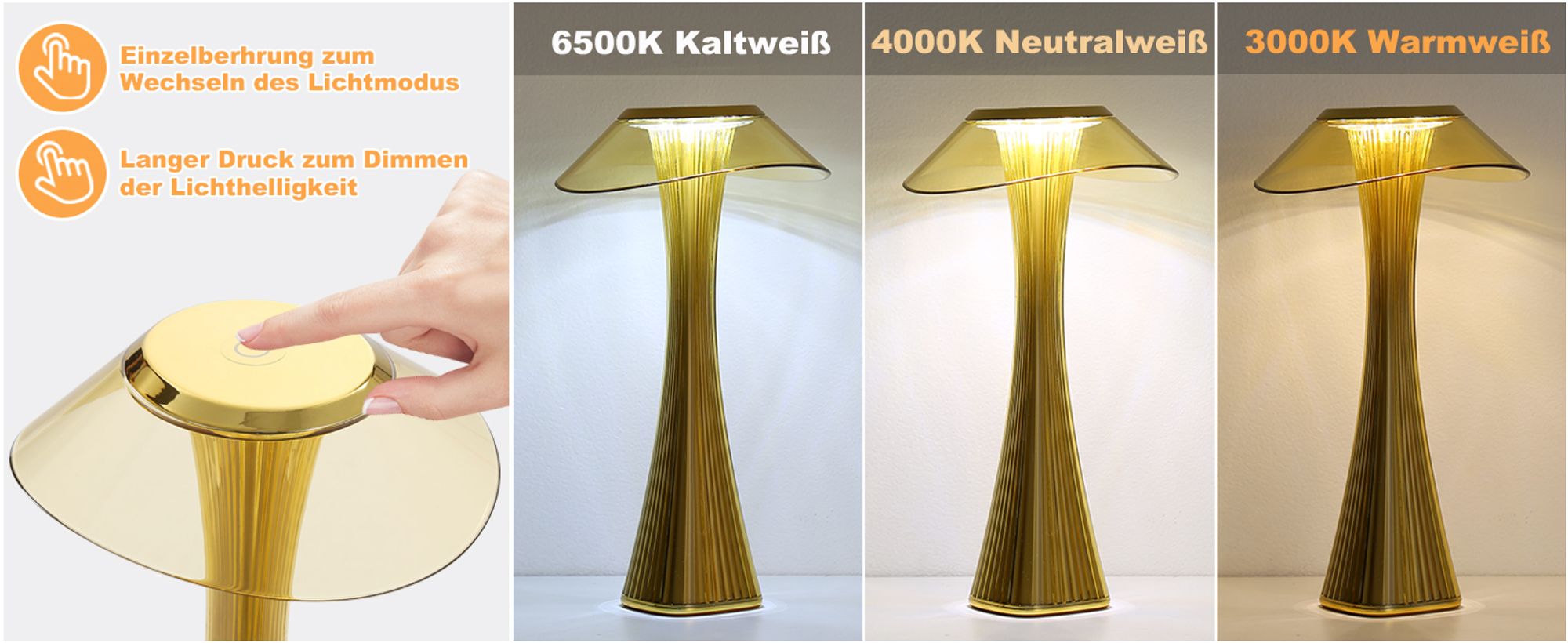 ZMH LED Tischlampe Touch Dimmbar 3000-6500K Gold Nachttischlampe mit Akku Innen und Aussen Beleuchtung Tagbare Tischleuchte Aufladen Leseleuchte mit USB für Schlafzimmer Wohnzimmer Restaurant Hotel