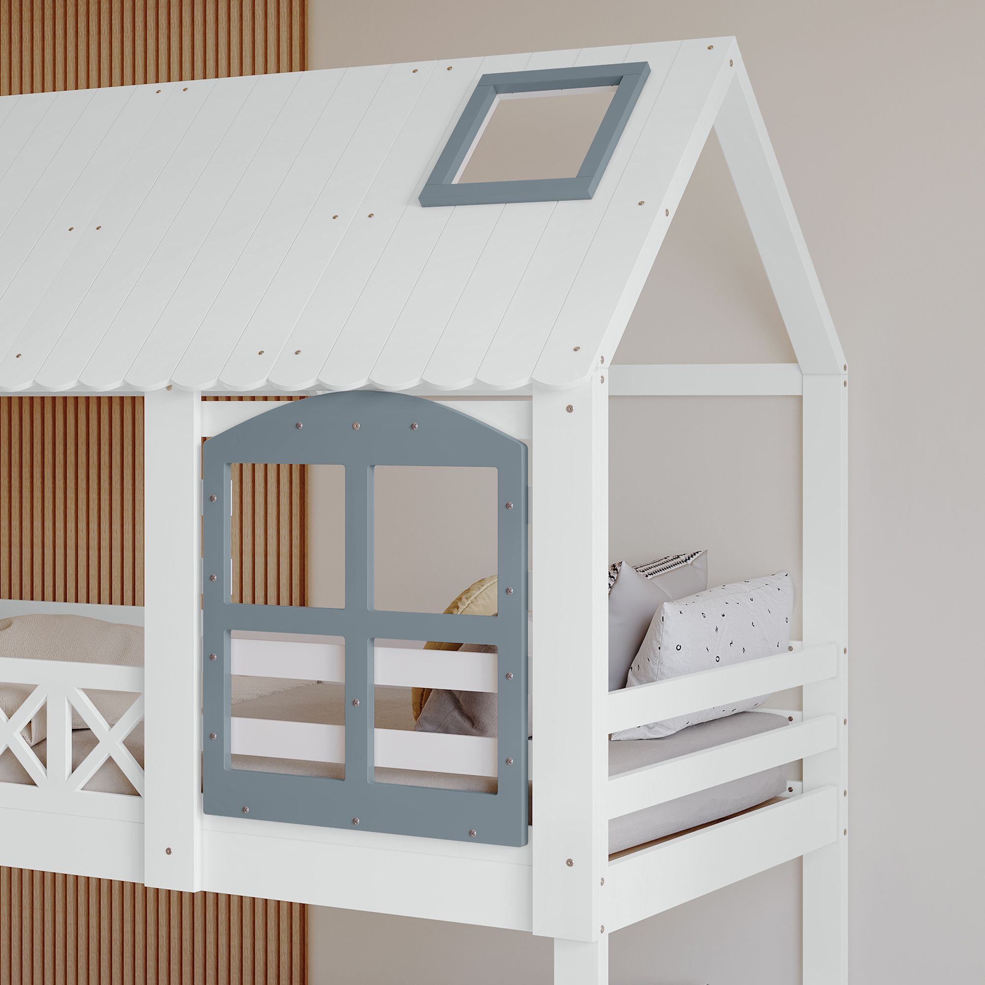 Flieks Etagenbett 90x200cm für 2 Kinder, Kinderbett Hausbett mit Fenster & Dach, Hochbett Stockbett Bodenbett mit Rausfallschutz und Lattenrost, Weiß