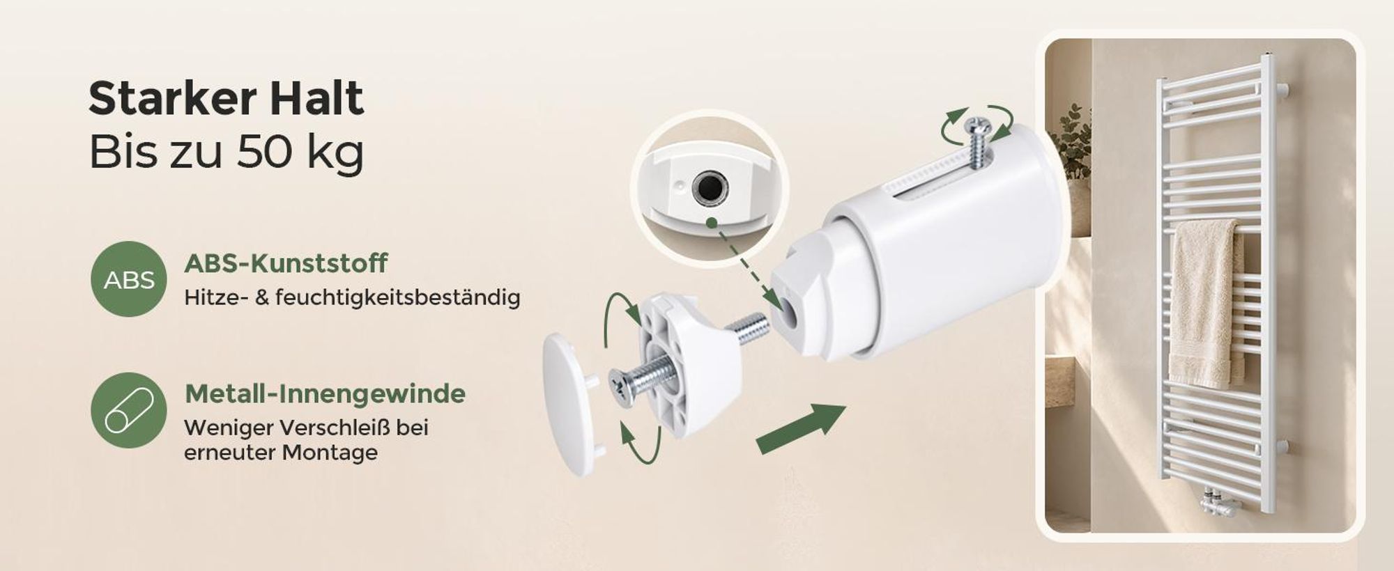 Heizkörperhalterung Wand, 4er-Set Weiß, für gerade Rundrohre Ø22–25 mm, Rohrmittenabstand 40–45 mm, 20mm Verstellbereich, bis 50 kg Gesamtlast,1 Stück