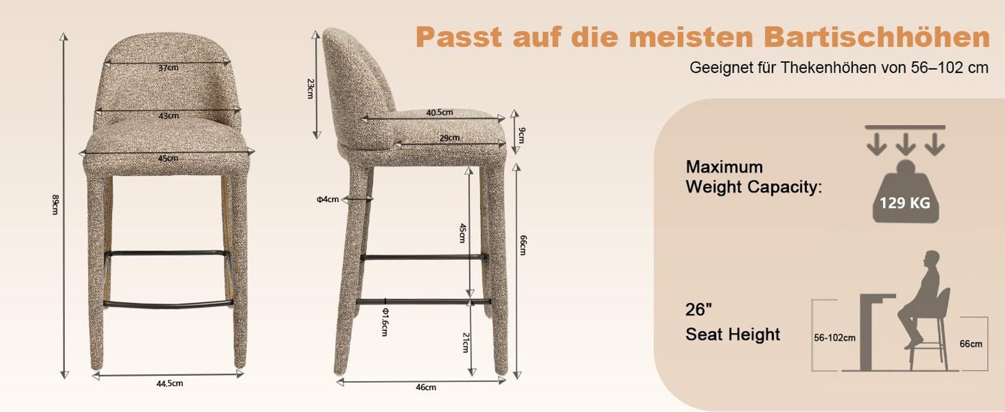 Duhome Barhocker 2er Set en Bouclé und Metall Barstuhl mit Pedal Polsterhocker Modern für Küche Esszimmer Bar Bistro, Grau
