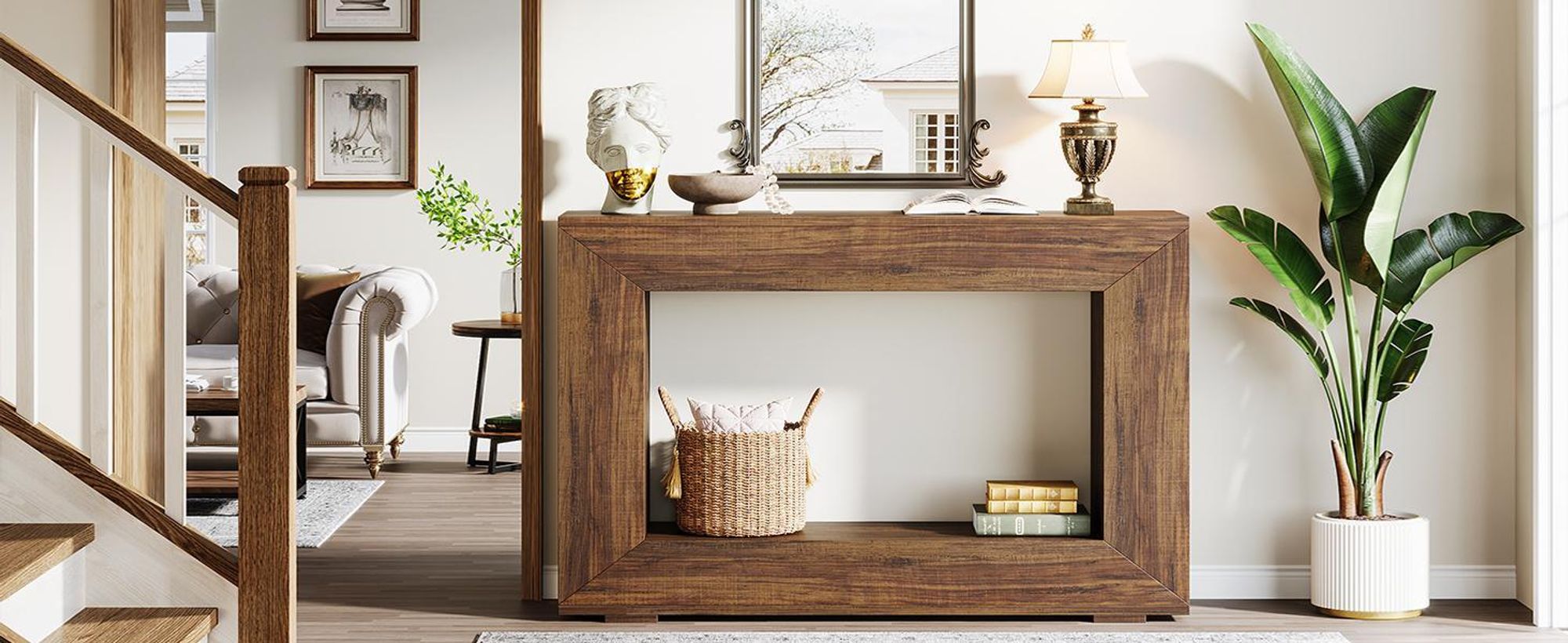 Kleine console tafel, bijzettafel, haltafel, salontafel voor kleine ruimtes, console tafel met opbergruimte voor de hal, gang, woonkamer, bruin