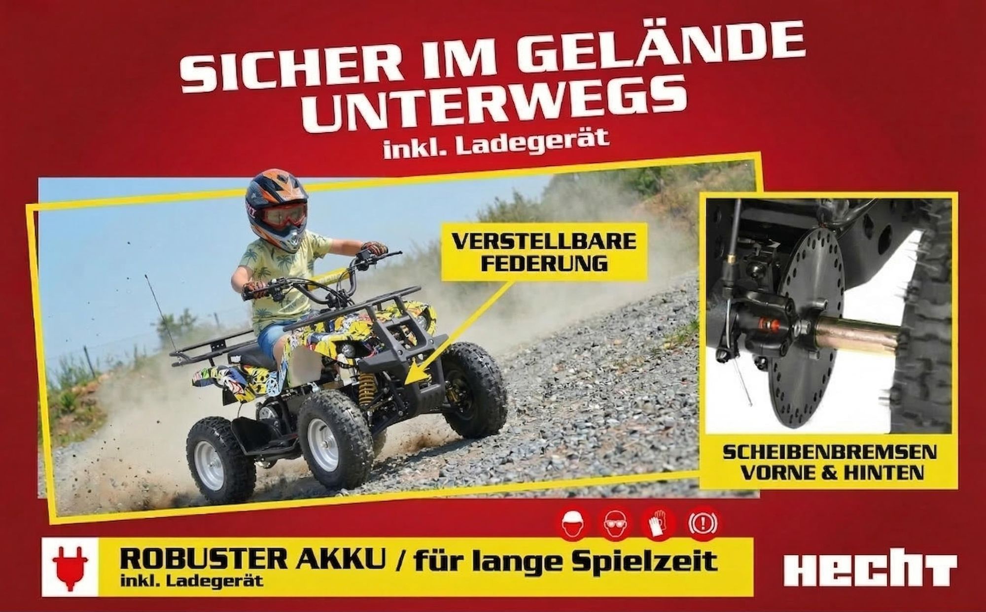 HECHT 56100 Kinder Quad Elektro | bis 25km/h | 1000W | bis 65kg Tragkraft | 36V | 12Ah Akku | 8-15h Ladezeit