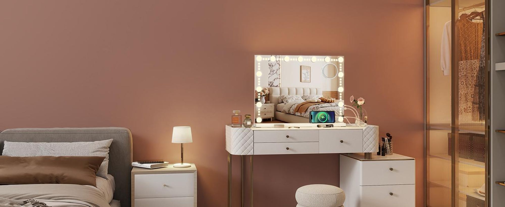 Puluomis Kosmetikspiegel Hollywood 15 LED 58x45cm 3 Farben Dimmbar Schminkspiegel mit Beleuchtung, USB,TYPC, 10xVergrößen, Spiegel Wandspiegel weiß