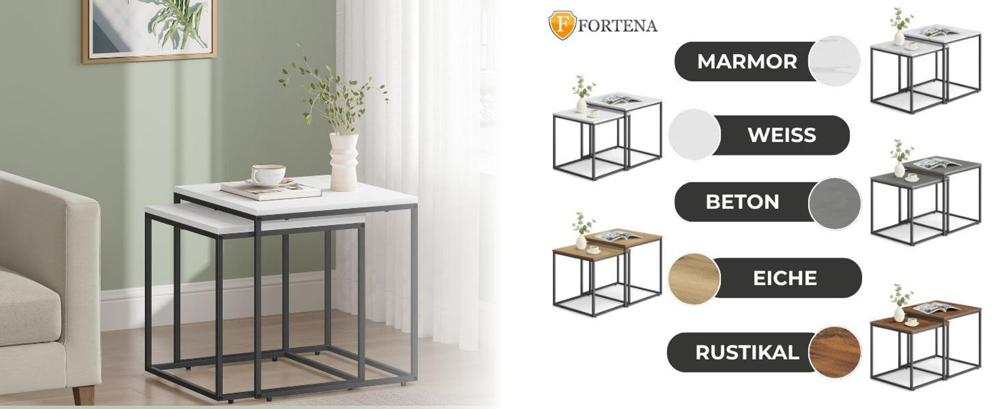 FORTENA Couchtisch 2er Set Quadratisch Weiß Schwarz – Modern Wohnzimmertisch Beistelltisch