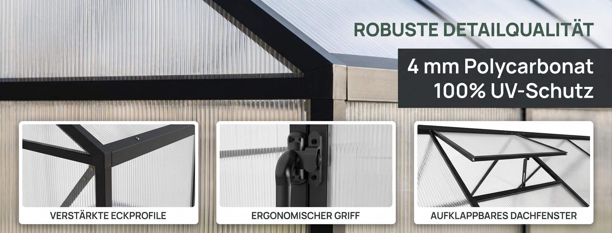 ROSEJANE Anlehngewächshaus winterfest aus Aluminium mit Schiebetür und Dachfenster, Gewächshaus mit 4 mm Polycarbonat-Hohlkammerplatten,125 x 110 x 195 cm