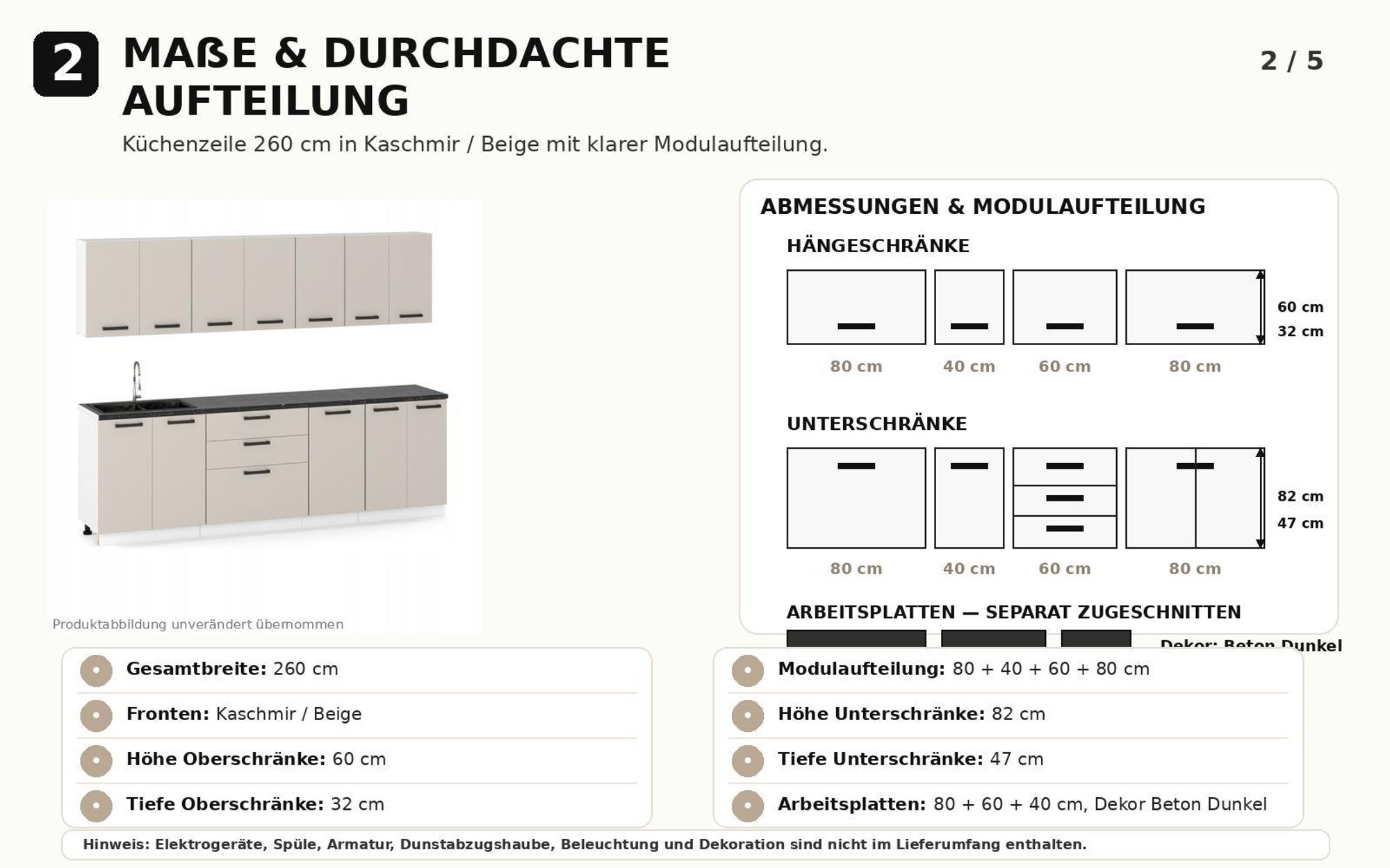 Praktische Küchenzeile 260 cm mit 3 Schubladen, Hängeschränken und viel Stauraum