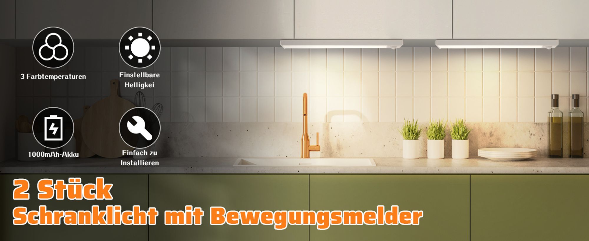 ZMH Unterbauleuchte Küche LED 20CM 2 Stück Schrankbeleuchtung mit Bewegungssensor USB Wiederaufladbar Schranklicht Dimmbar 3 Farbtemperatur