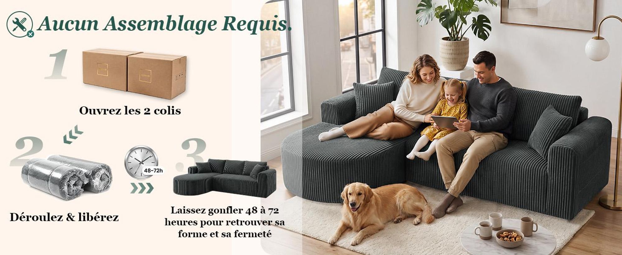 Canapé d'angle avec fonction convertible, canapé modulaire en velours sans structure visible, canapé avec chaise longue, canapé d'angle convertible, canapés modulaires avec coussins et poches latérales, 243 cm
