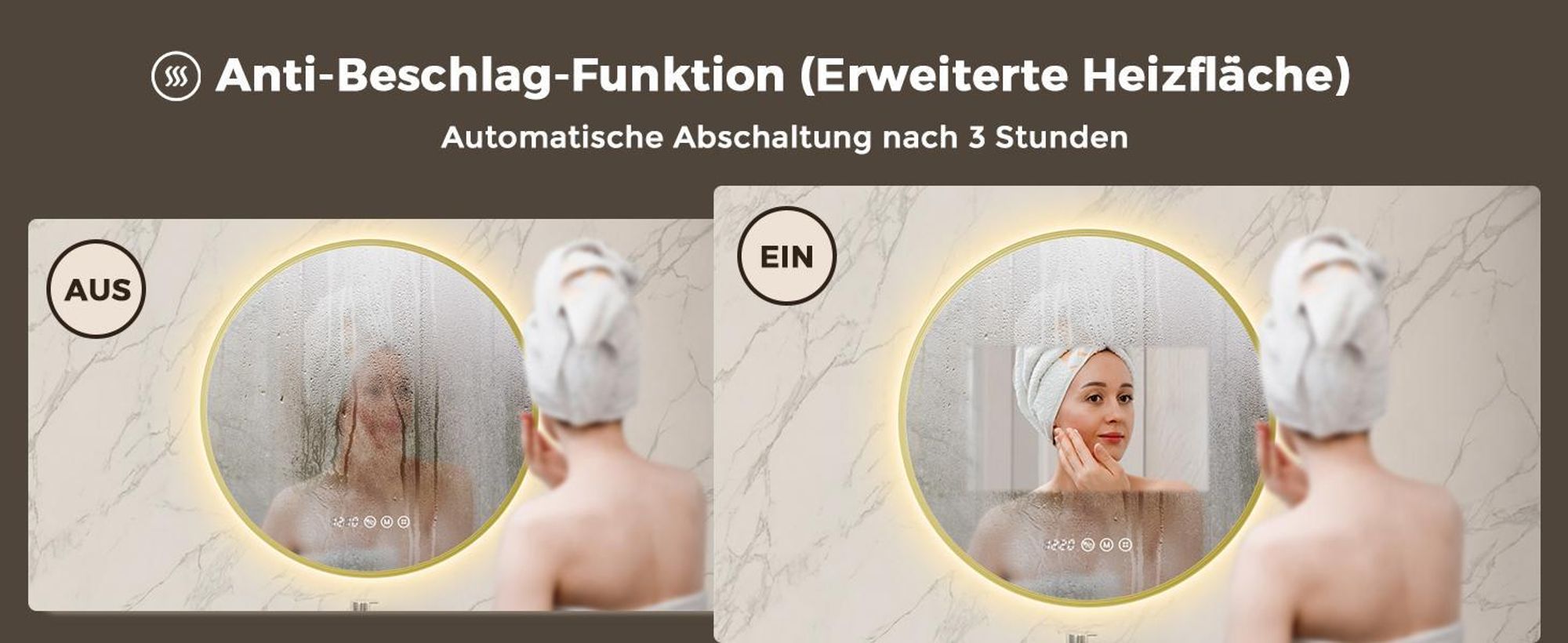 S'AFIELINA LED Badezimmerspiegel Rund Ø70 cm, Goldener Rahmen, 3 Lichtfarben, stufenlos dimmbar, Antibeschlag, Uhr & Temperaturanzeige, Memory