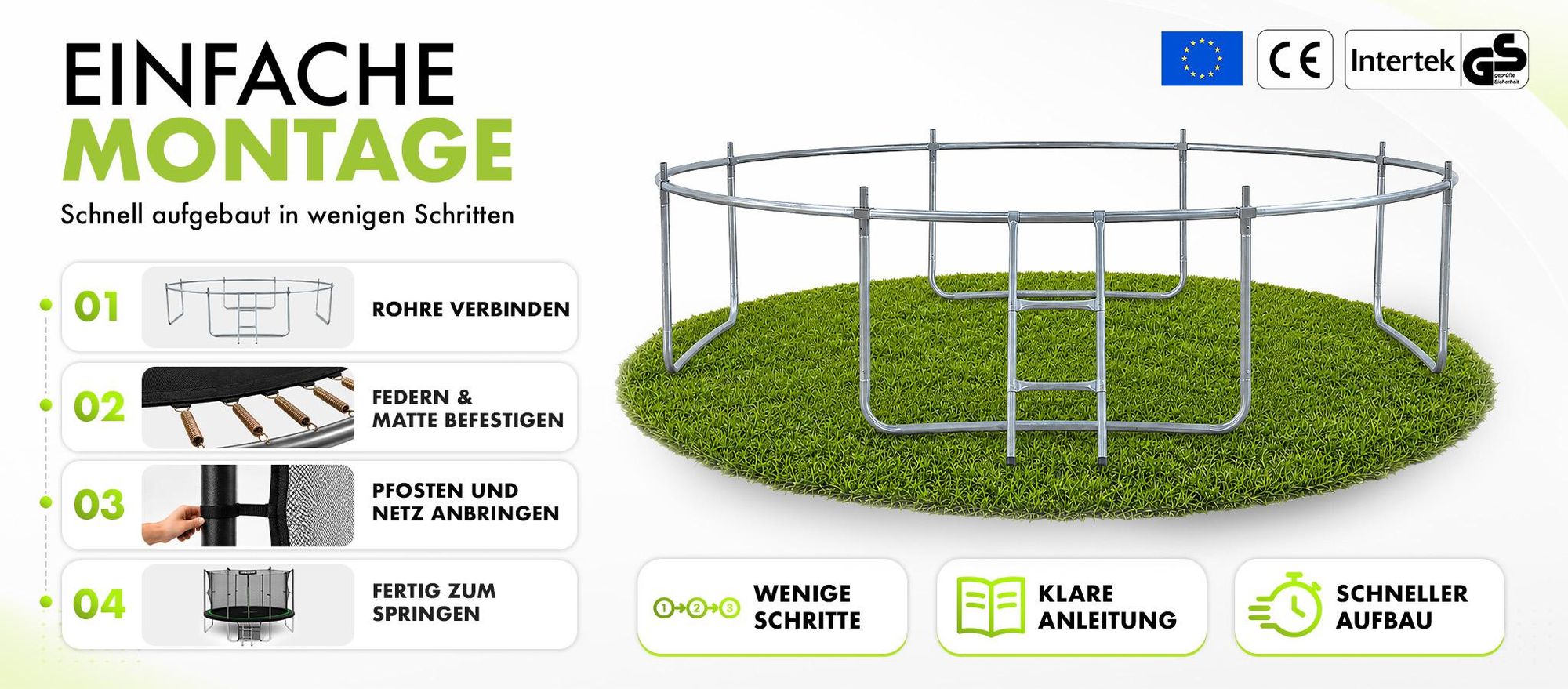 URBOGYM Trampolin JUMPER 14FT Gartentrampolin für Kinder Komplett-Set mit Sicherheitsnetz, Leiter, Randabdeckung, Outdoor, Grün, robust, Ø 435 cm