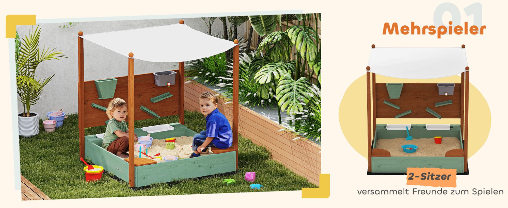 AIYAPLAY Sandkasten mit Dach 116x112,5cm Sandkiste aus Holz für 3-6 Jahre Kinder